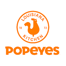 Popeyes logo with an orange circle and a duck silhouette, labeled Louisiana Kitchen 1972, and the word Popeyes below in orange text.