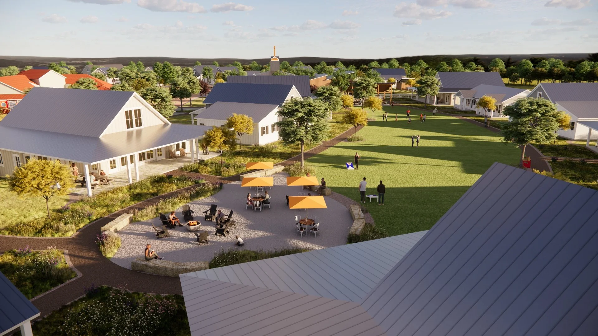 The houses are built facing one another, with gathering spaces between to facilitate the development of relationships.  Most houses will have shared living arrangements.