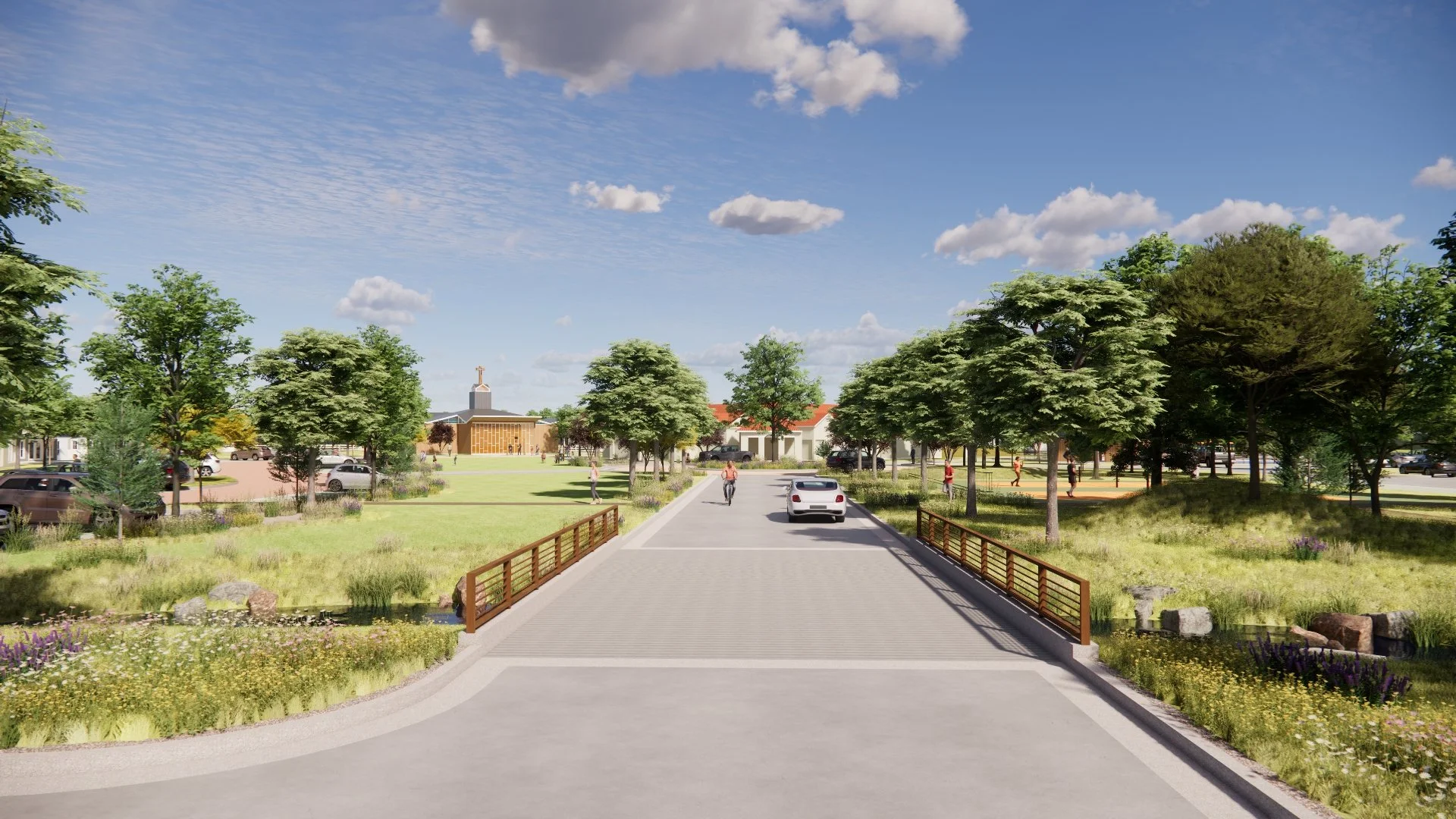 Coming into the main entrance, with the ministry center directly in view.  The prayer chapel is to the left.  The bridge over "Cielo Creek" represents the work of reconciliation.