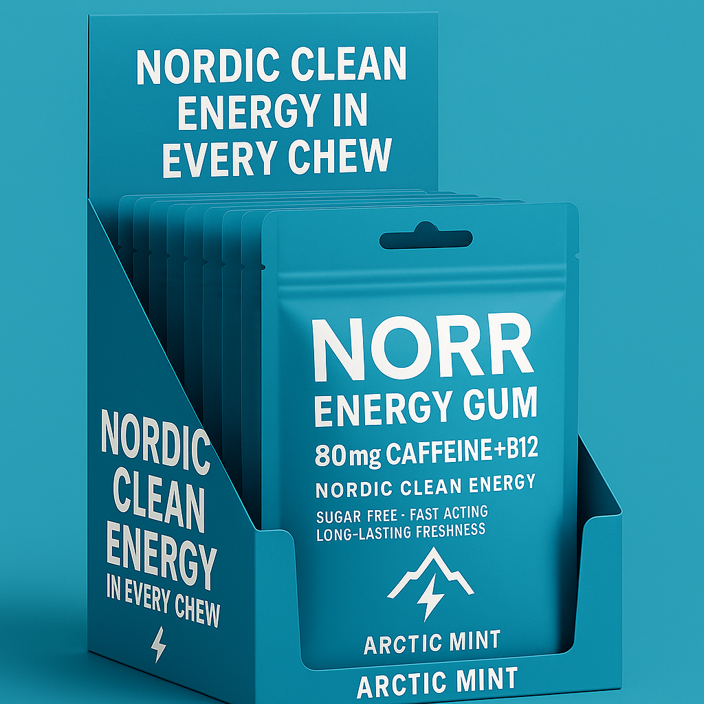 Blue packaging of NORR energy gum with Arctic mint flavor indicating 80mg caffeine + B12, sugar-free, fast acting, long-lasting freshness with Arctic mountain icon.