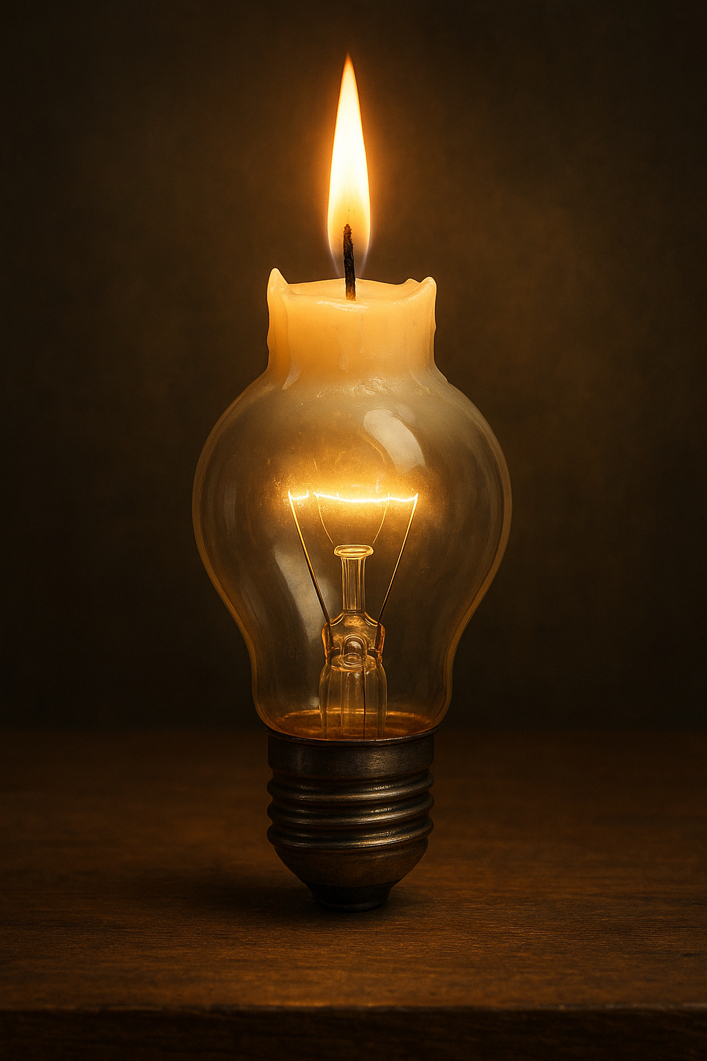A lightbulb with a burning candle on top, glowing in a dark background.