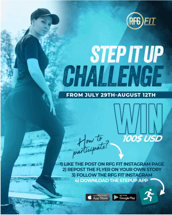 A woman in athletic clothing standing on stairs outdoors, promoting the RFG FIT Step It Up Challenge running from July 29th to August 12th, with instructions on how to participate and a chance to win $100 USD.