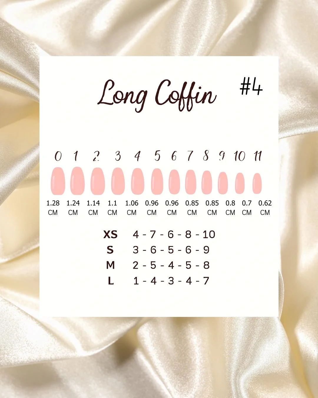 Nail polish shade chart labeled 'Long Coffin #4' with size and color code details, on a satin background.