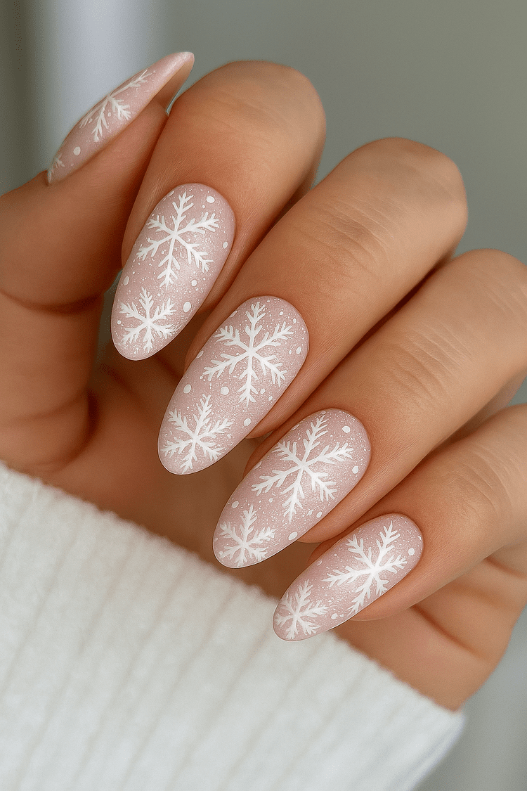 Sheer pink nails with white snowflake art