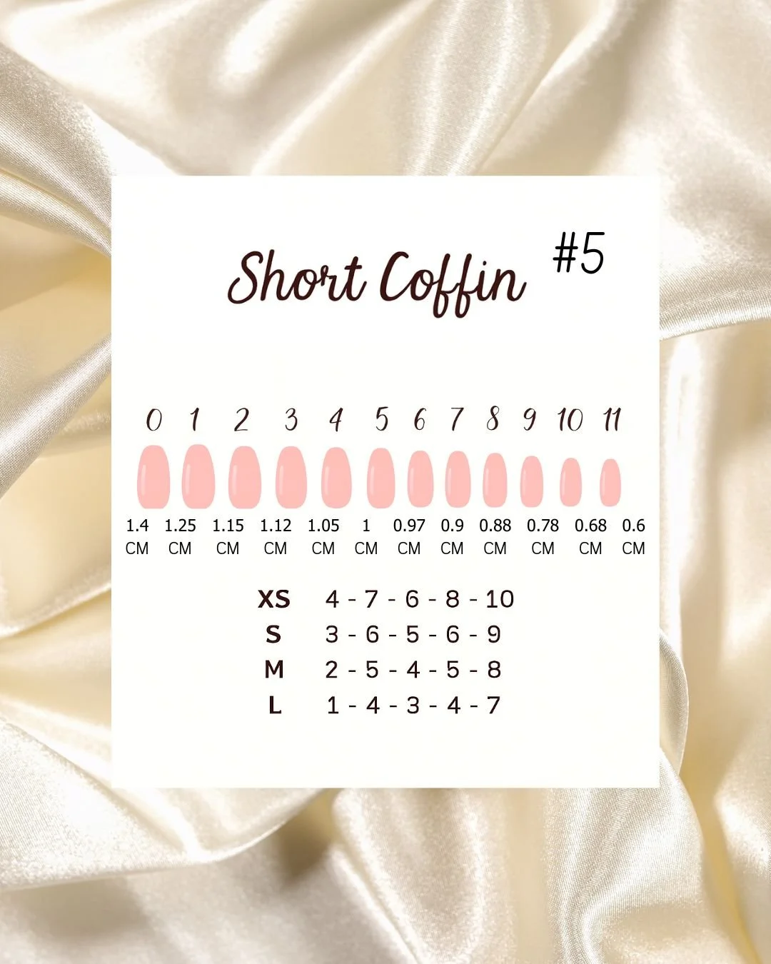 A size chart for short coffins labeled '#5' on a satin background. It shows nail sizes from 0 to 11 with corresponding dimensions in centimeters, and a size guide for XS, S, M, and L based on nail sizes.