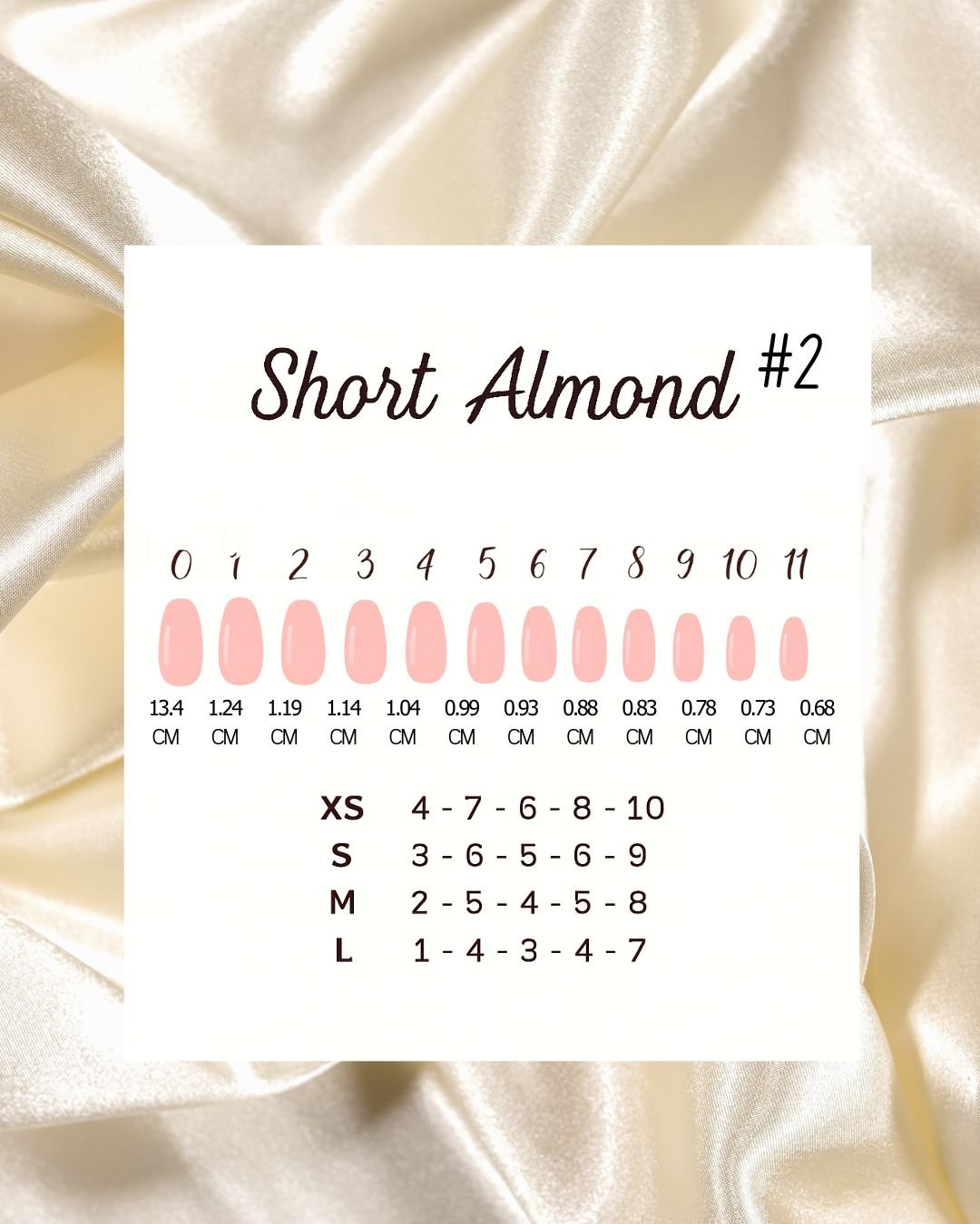 Size chart for Short Almond #2 nail tips, showing measurements in centimeters and inches, and corresponding shoe sizes XS to L.