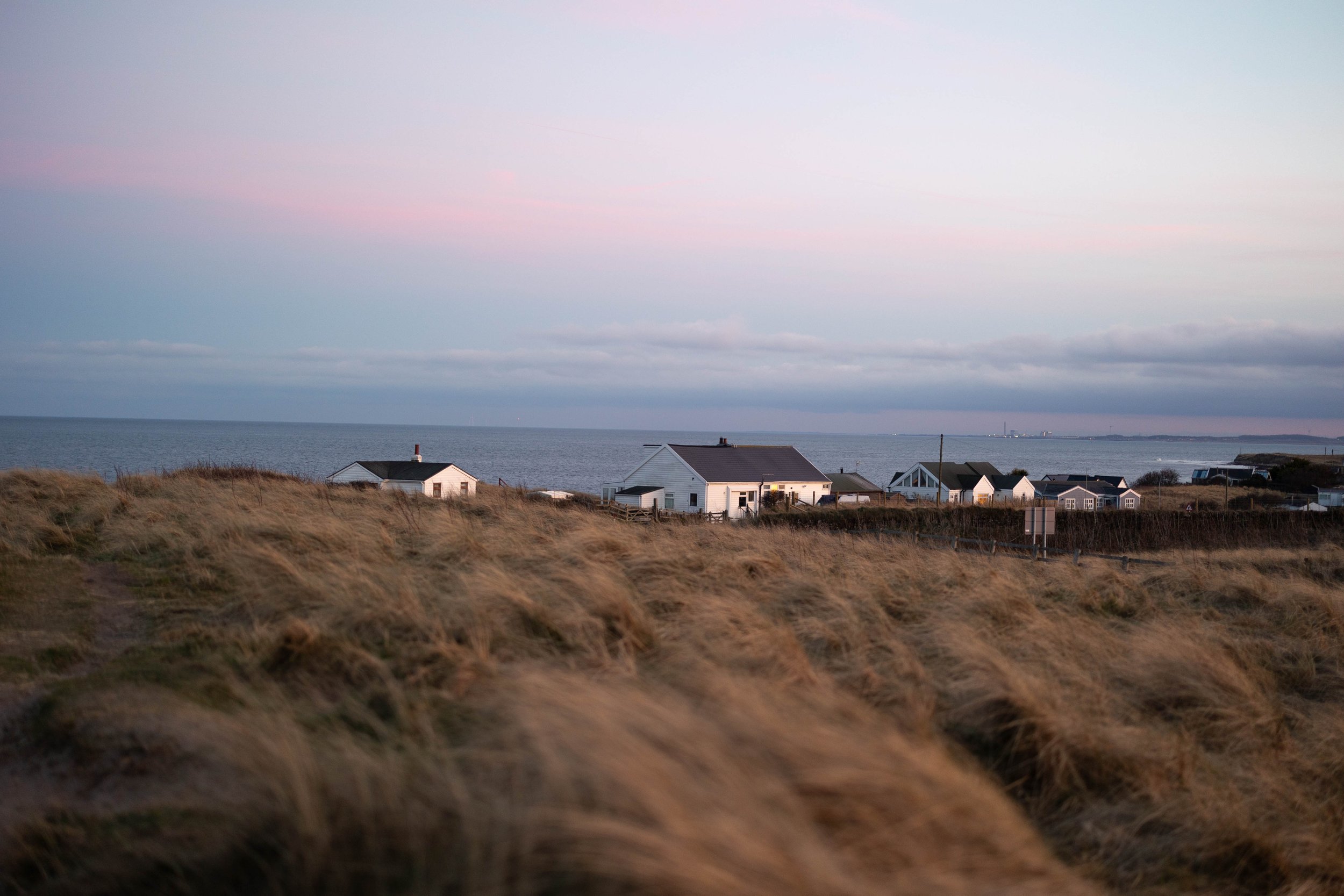 A coastal landscape with grassy dunes in the foreground, several houses in white and dark colors along the shoreline, and the ocean beyond. The sky is partly cloudy with a pinkish hue at the horizon, suggesting sunset or sunrise.
