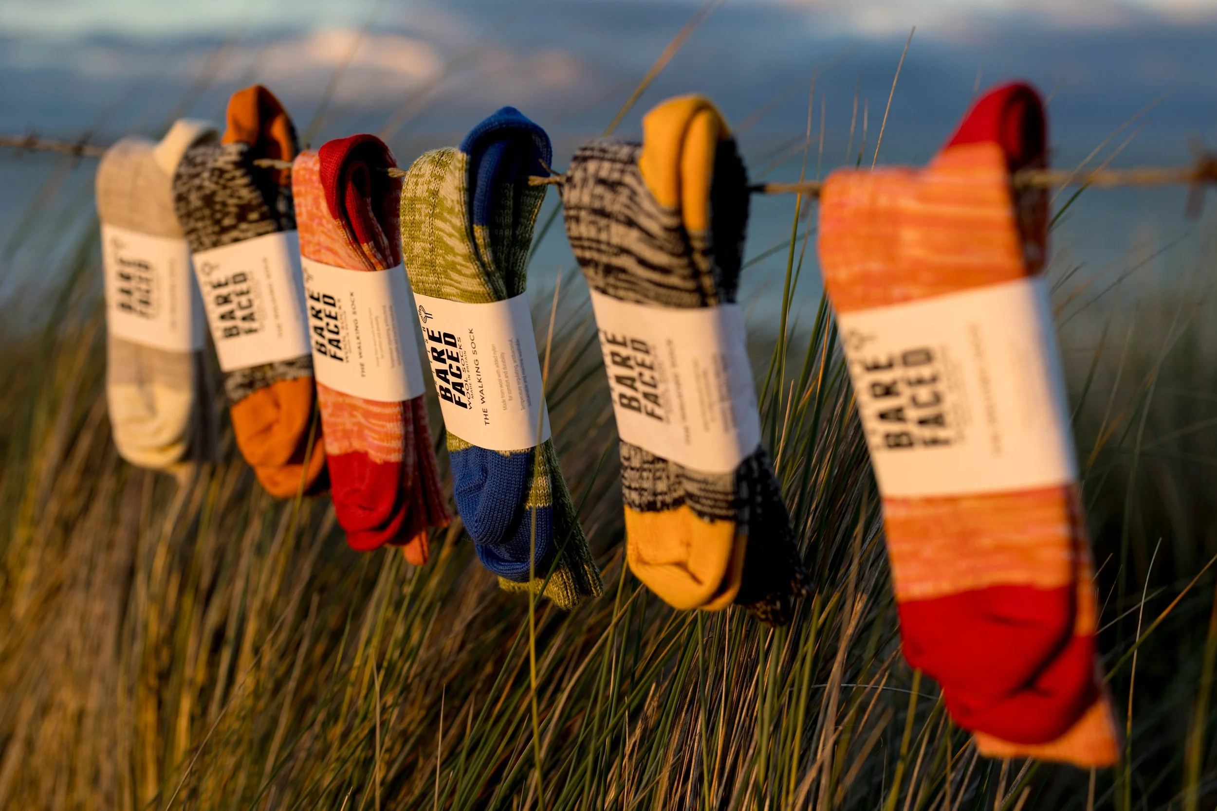 Colorful socks hanging on a wire in a field of tall grass, with a blue sky and clouds in the background.
