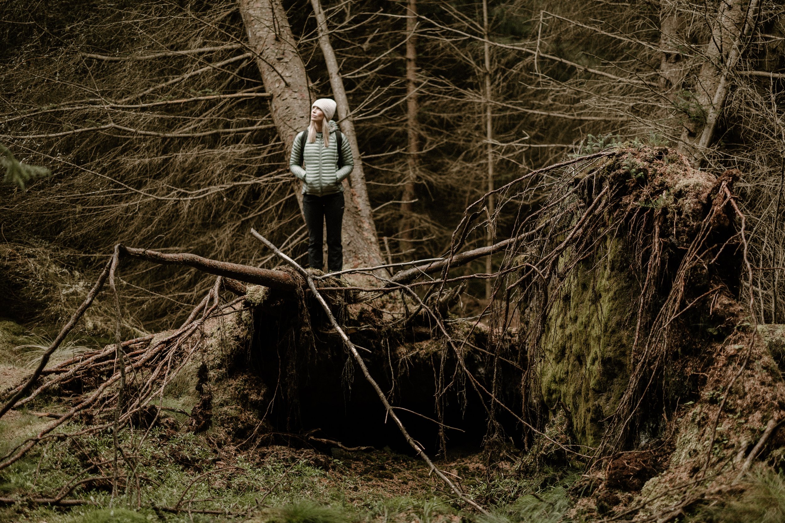 A woman in outdoor gear stands on a fallen tree trunk in a forest surrounding with trees and fallen branches.