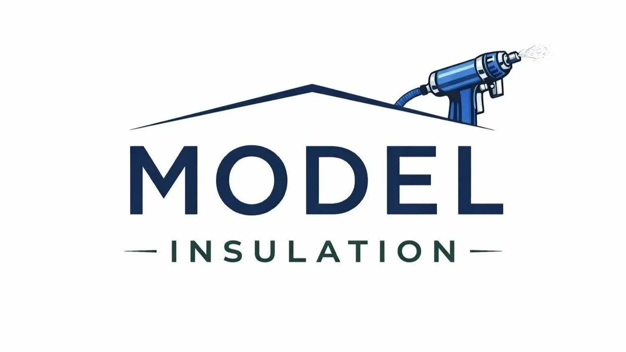 Logo for Model Insulation with a stylized house roof and a spray foam insulation gun.