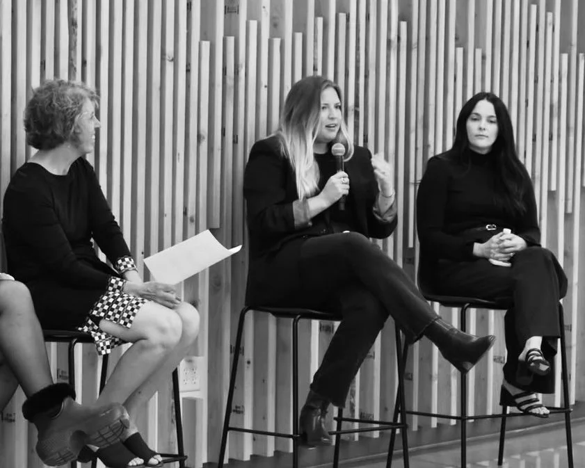 Claire Fontanetta and Erin Eastburn speaking on a digital marketing panel as co-founders of Metta Society