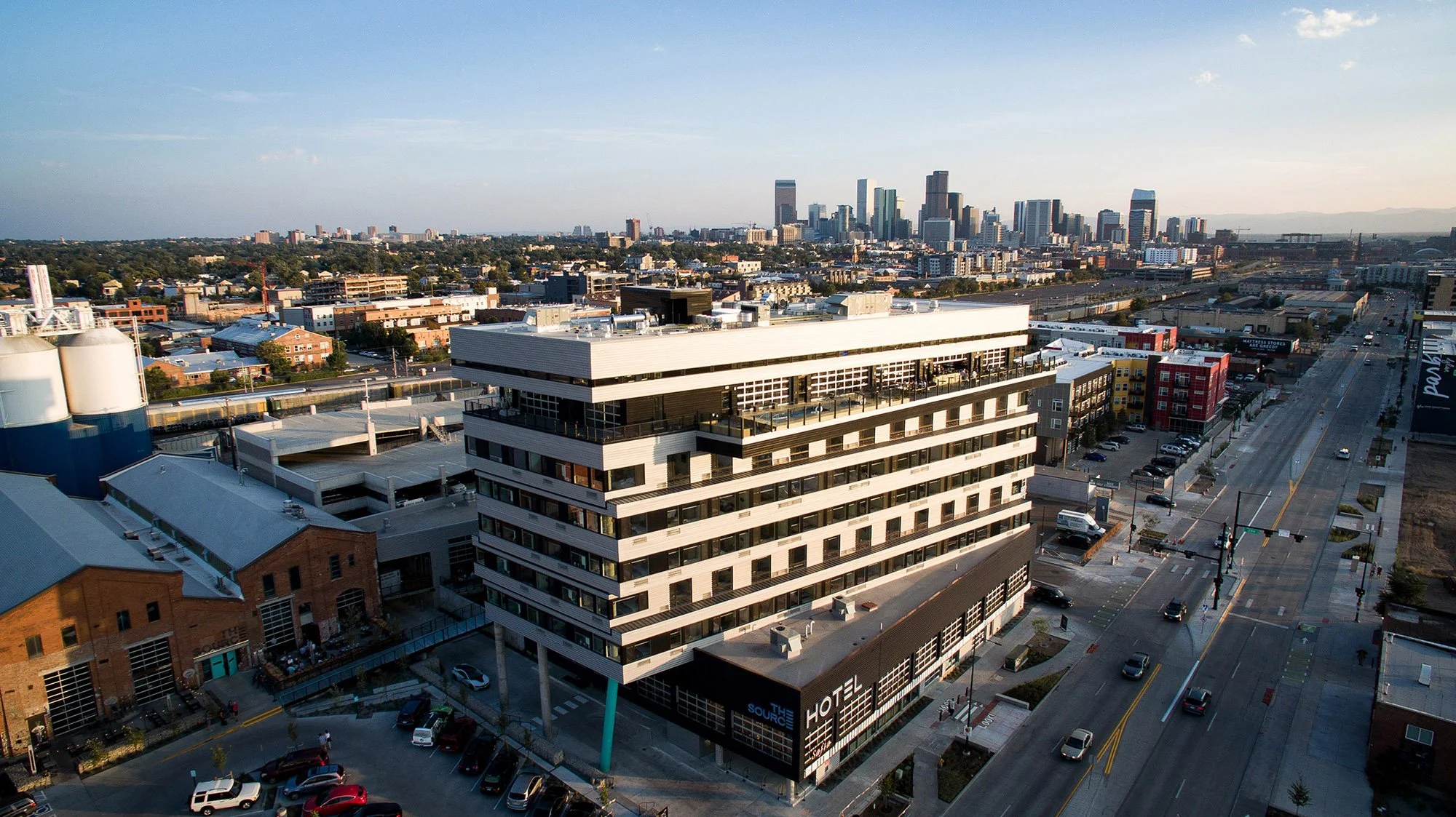 Aerial view of The Source Hotel featured in hospitality digital marketing and social media strategy by Metta Society