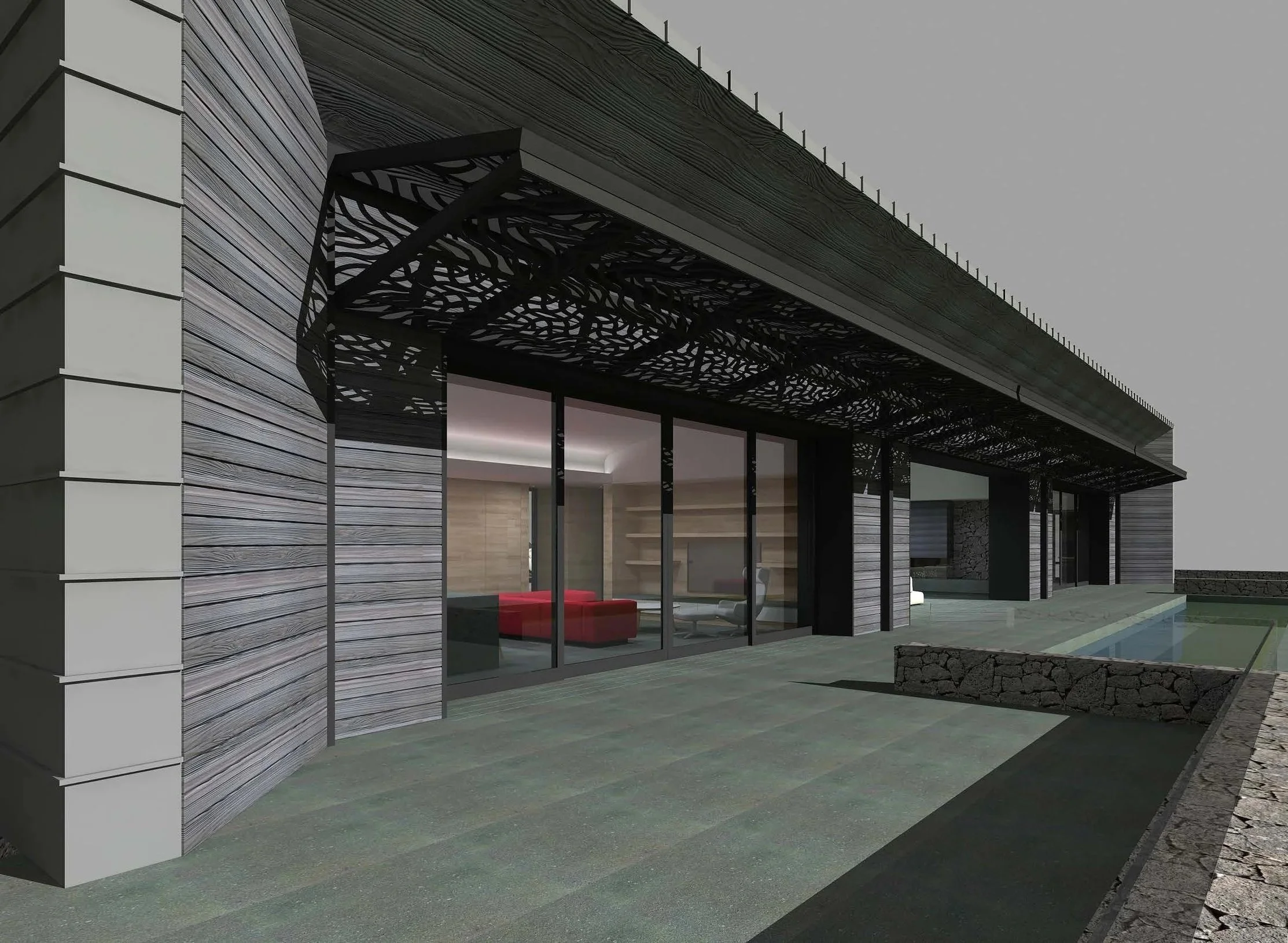 Modern house exterior with large glass sliding doors, decorative black metal canopy, stone and wood siding, a small pool, and a stone-paved patio.