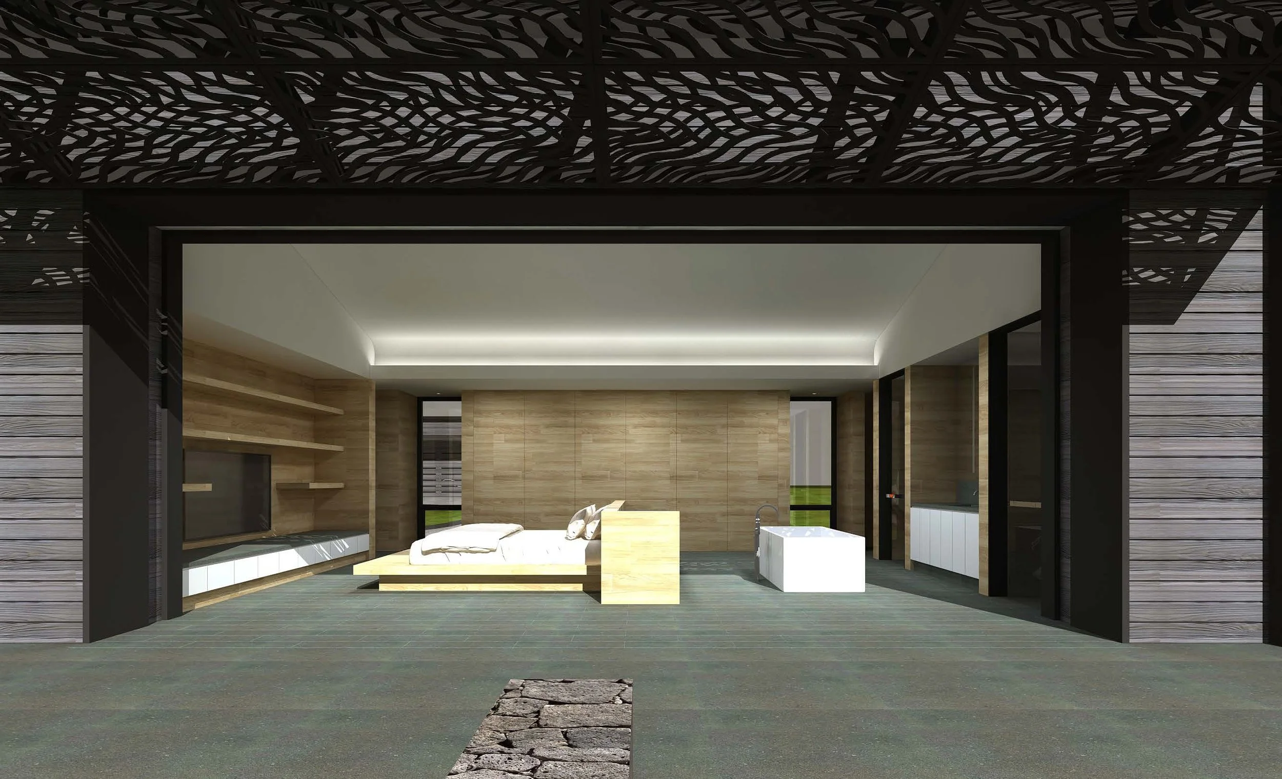 Modern bedroom with wooden walls, a bed with pillows, a small white bathtub, and open shelving on the left side. Large windows provide natural light, and the room has a minimalistic design.