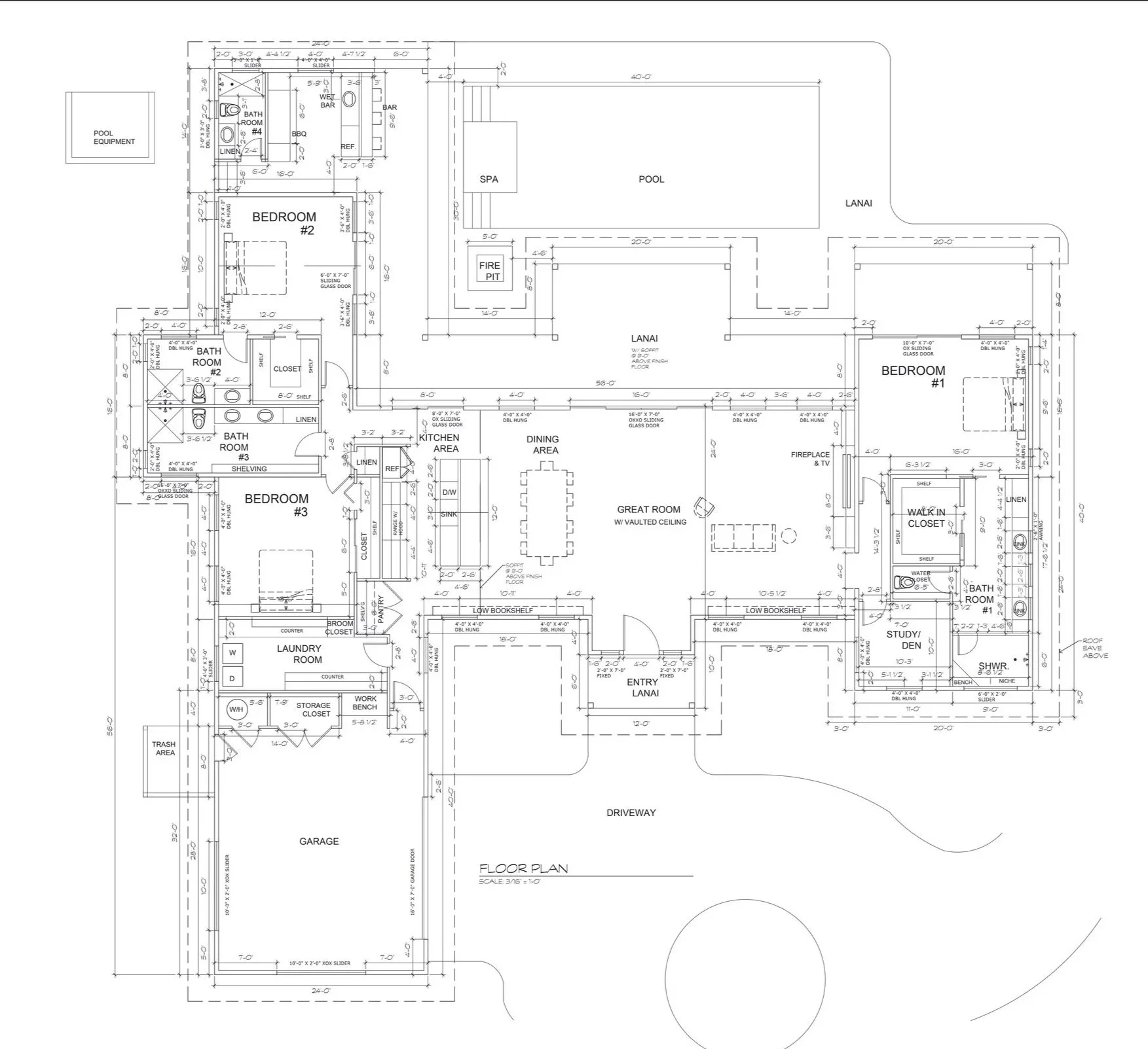A detailed architectural floor plan of a house, showing room layouts, dimensions, and interior features.