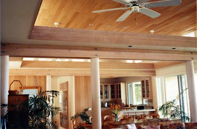 Interior view of a living space with wooden ceiling, large windows, plants, a dining table, and kitchen in the background.