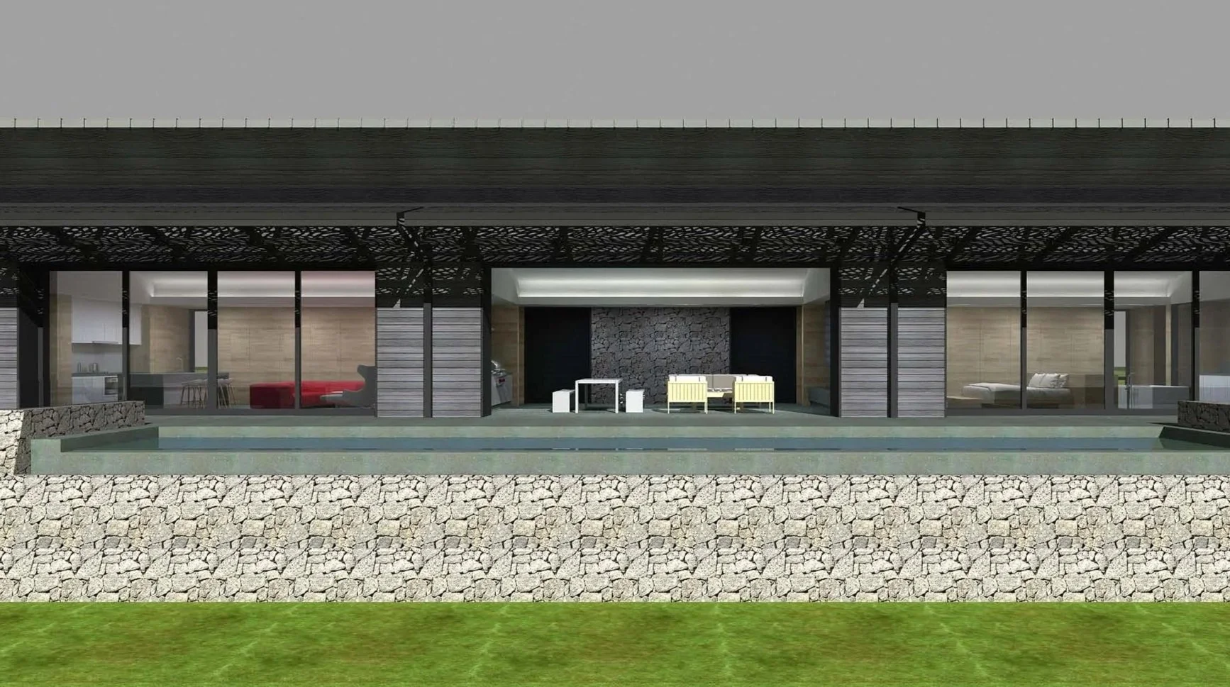 Modern house with large glass windows, stone and wood exterior, a small pool, and outdoor furniture.