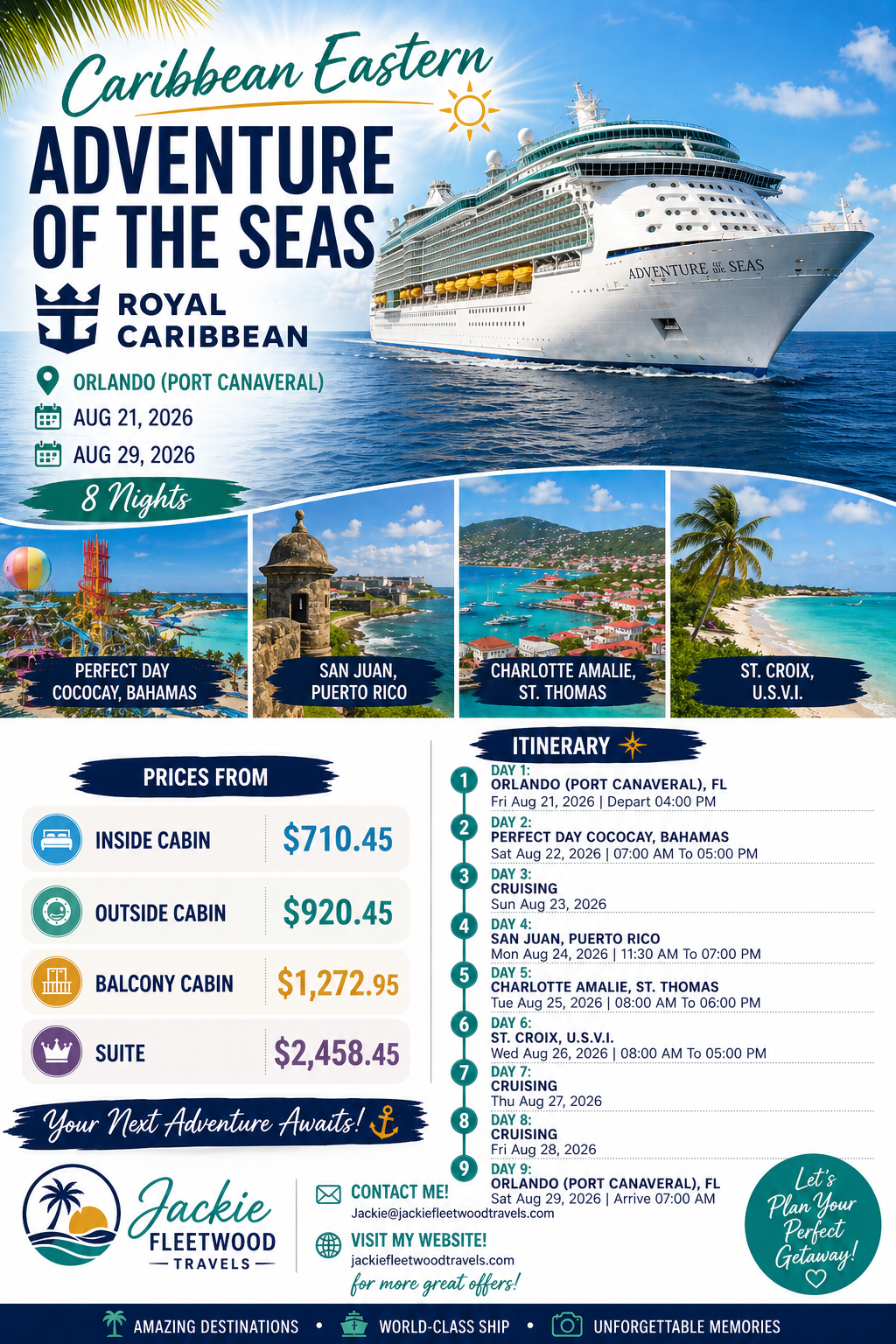 A promotional poster for a Caribbean Eastern cruise called 'Adventure of the Seas' by Royal Caribbean, departing from Orlando (Port Canaveral) on August 21, 2026, and returning August 29, 2026. The poster features a large cruise ship, images of various destinations including Bahama, Puerto Rico, St. Thomas, and U.S.V.I., with pricing details for different cabin types, itinerary days, contact information, and a tagline encouraging planning a perfect getaway.