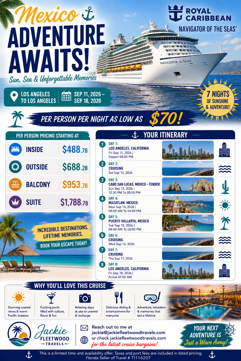Travel advertisement for a Mexico cruise by Royal Caribbean, departing Los Angeles on September 11, 2026, for 7 nights with destinations including Cabo San Lucas, Mazatlan, and Puerto Vallarta. The cruise features options for inside, outside, balcony, and suite accommodations, with prices starting at $488.78 per night. The itinerary and amenities are highlighted with images of cities, beaches, and a cruise ship.