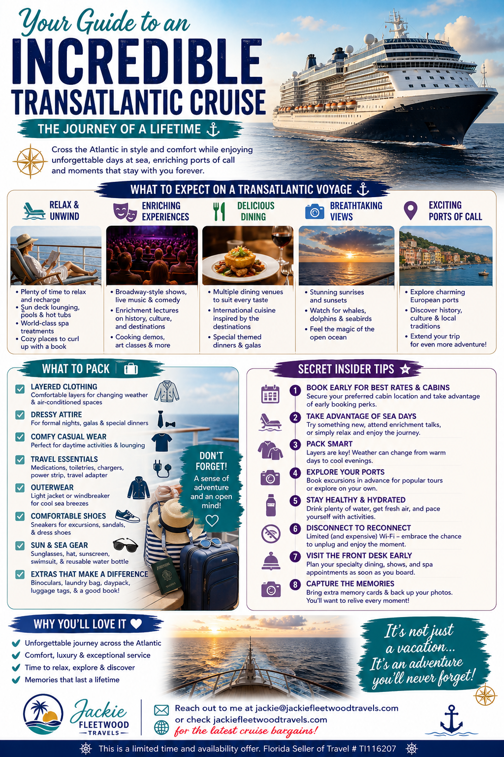 Infographic promoting a transatlantic cruise with sections on what to expect, packing tips, secret insider tips, and reasons to love the cruise with imagery of a cruise ship, sunrise, and travel essentials.