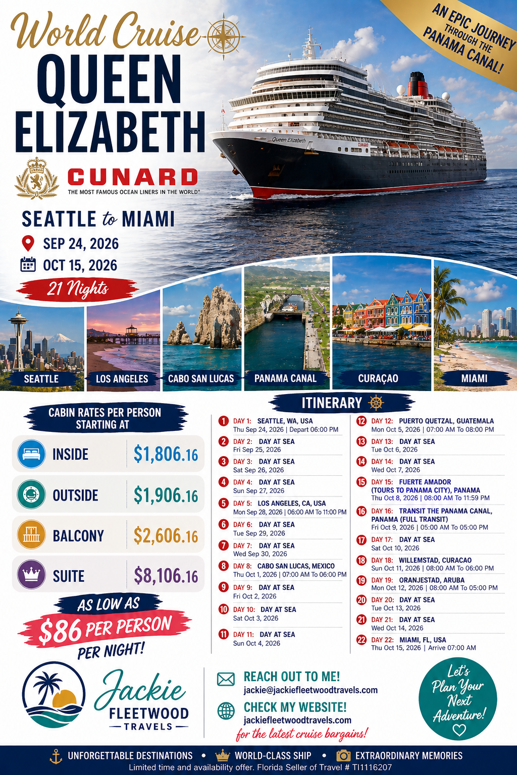 Travel cruise advertisement for the Queen Elizabeth cruise ship through the Panama Canal. Features images of destinations like Seattle, Los Angeles, Cabo San Lucas, Curaçao, and Miami with itinerary details and prices.
