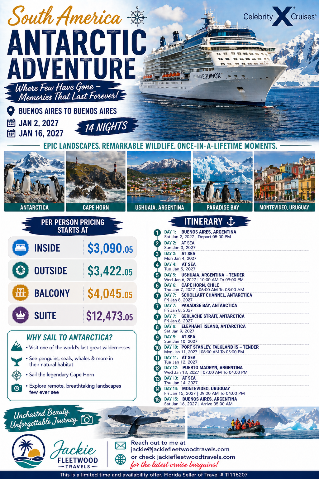 Advertisement for a South America Antarctic cruise tour by Celebrity Cruises, featuring a cruise ship, scenic landscapes, wildlife, and a detailed itinerary from Buenos Aires to Antarctica with multiple stops, dates, and pricing.