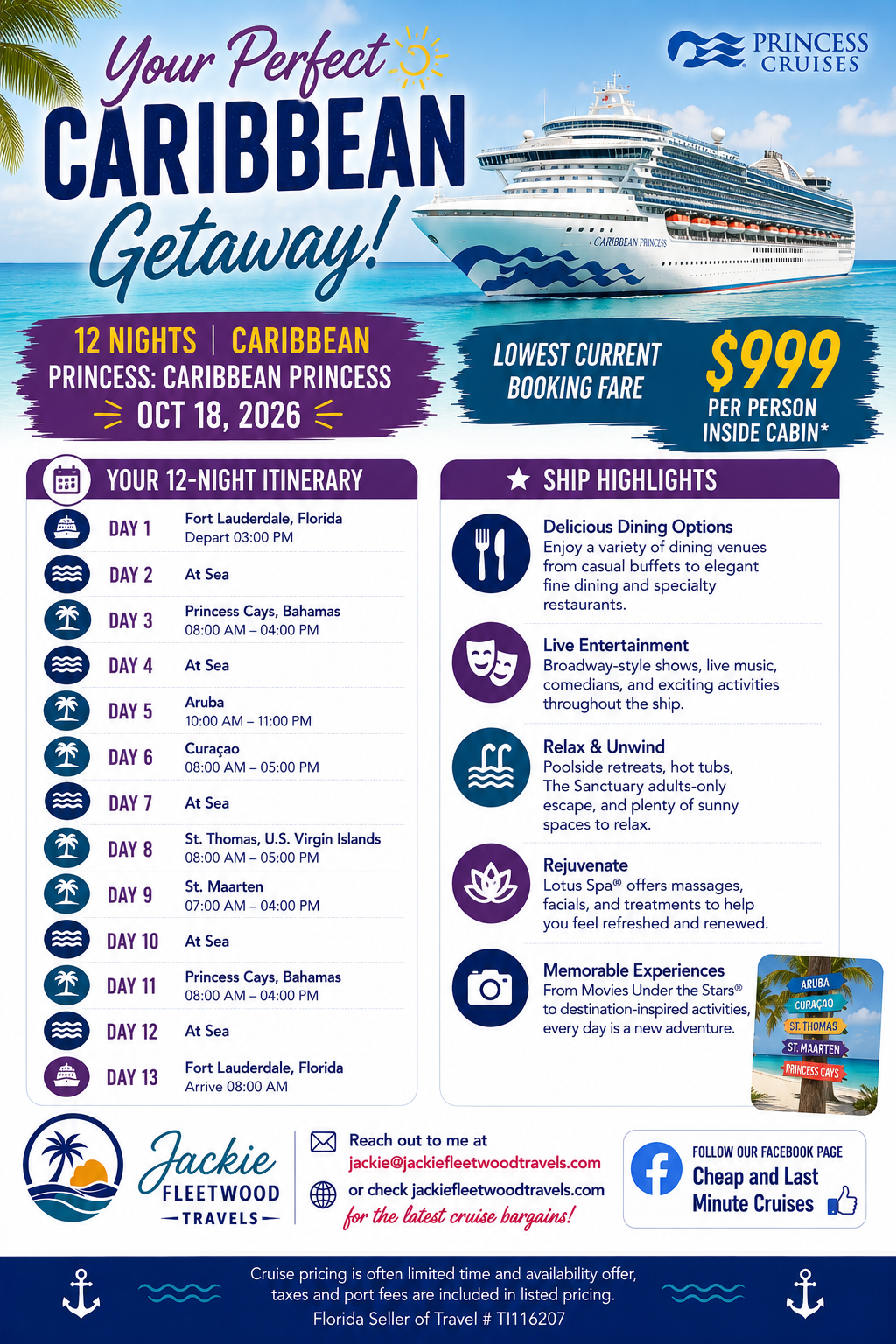 12 night Caribbean Princess cruise from $999 per person sailing Oct 18 2026