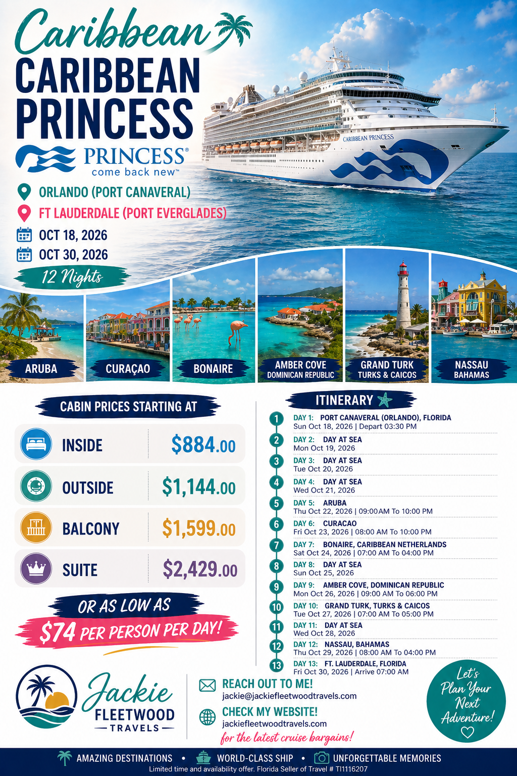 Cruise advertisement for Caribbean Princess, departing from Orlando and Fort Lauderdale for 12 nights, with images of multiple Caribbean destinations and a cruise ship.
