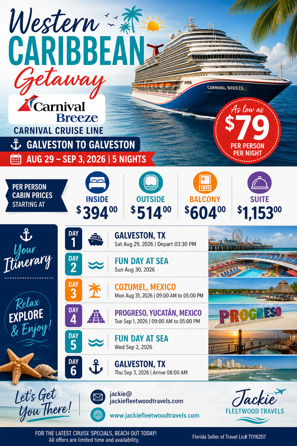 Travel advertisement for a Western Caribbean cruise on Carnival Breeze from Galveston to Galveston, August 29 to September 3, 2026, with pricing details and daily itinerary including sea days, Cozumel, and Progreso, Yucatán.
