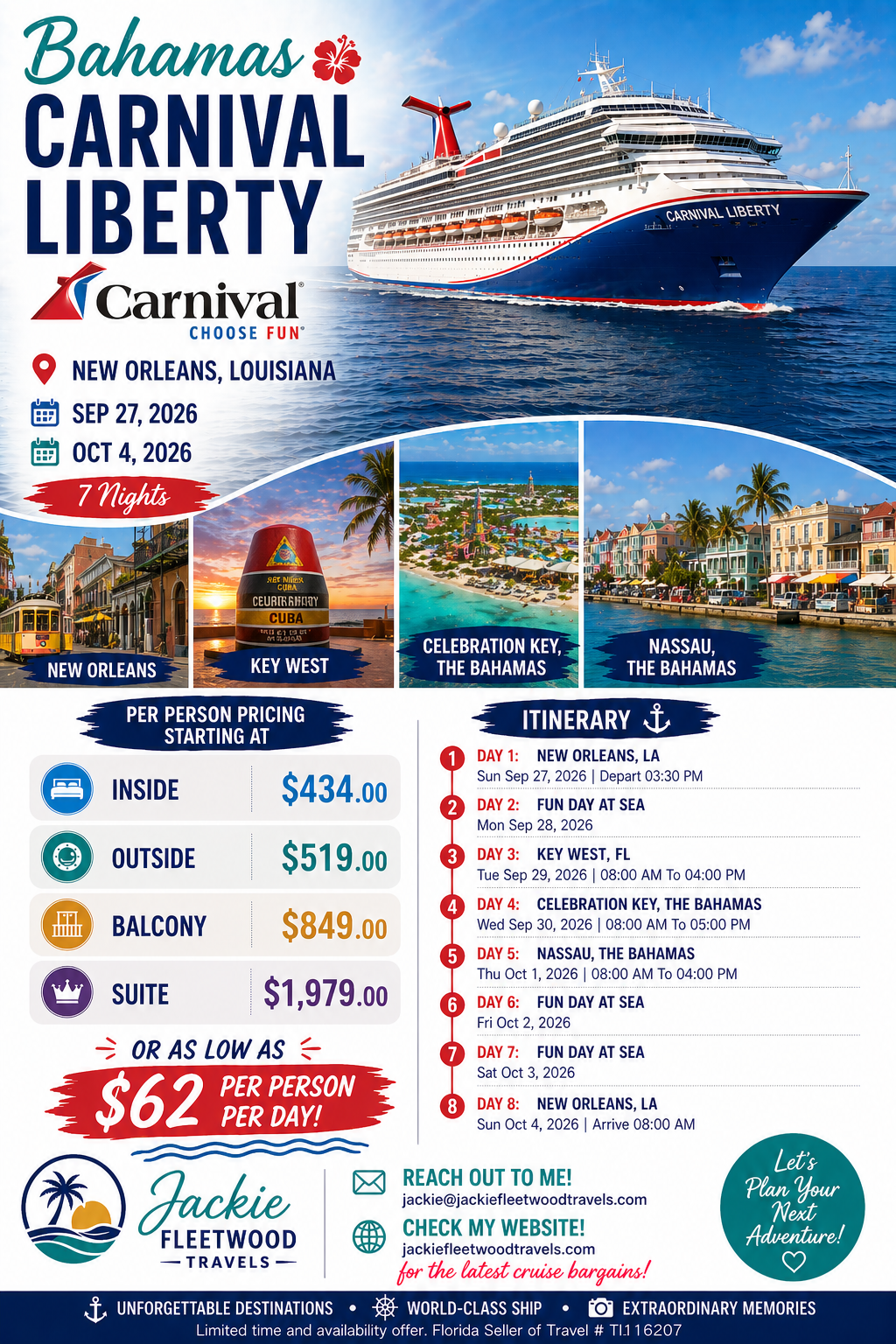 Travel advertisement for a Caribbean cruise to the Bahamas on the Carnival Liberty ship departing from New Orleans, Louisiana, from September 27 to October 4, 2026, with scenic images of New Orleans, Key West, and Nassau.