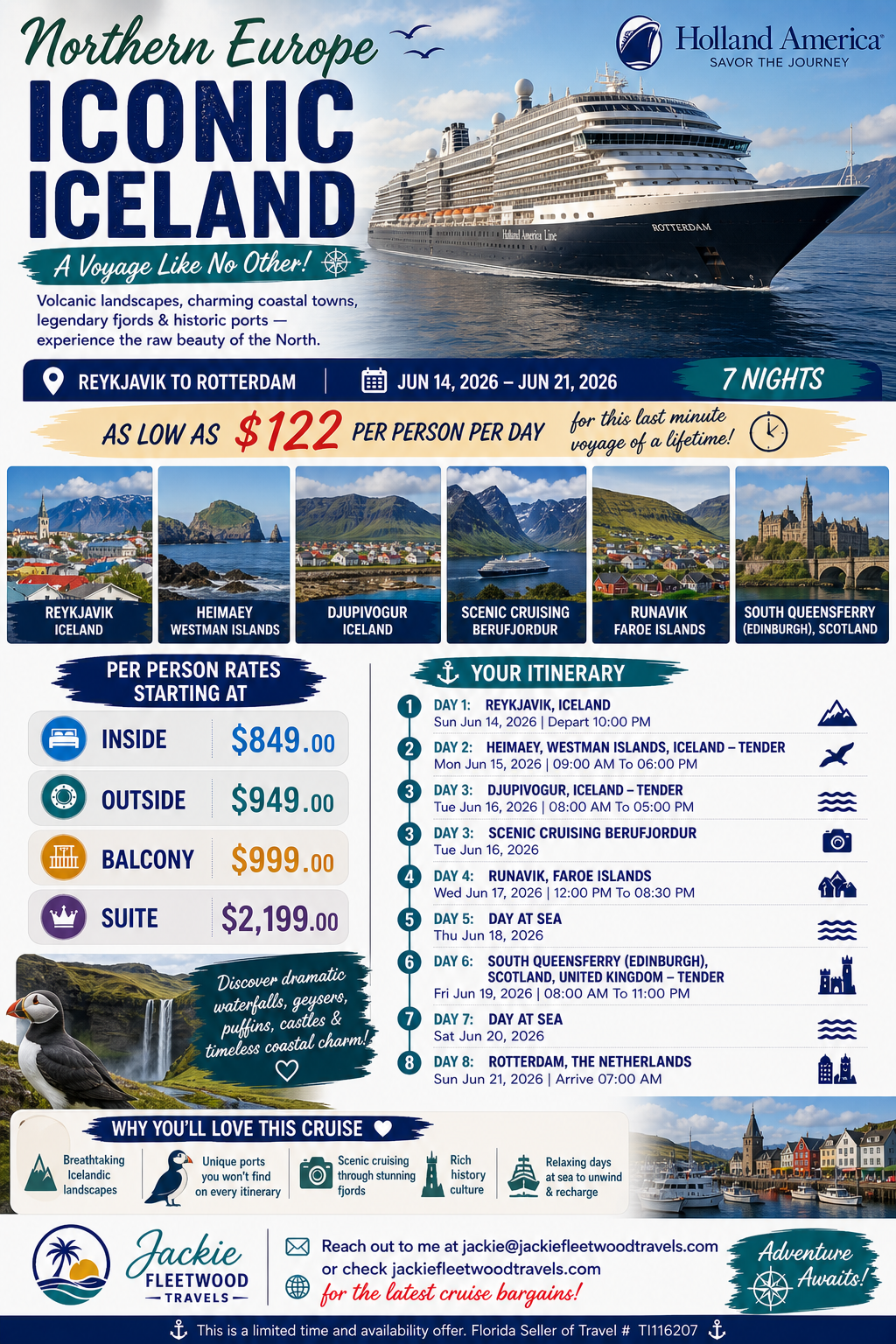 Travel advertisement for a cruise from Reykjavik to Rotterdam in June 2026, featuring images of Icelandic landscapes and cruise details.
