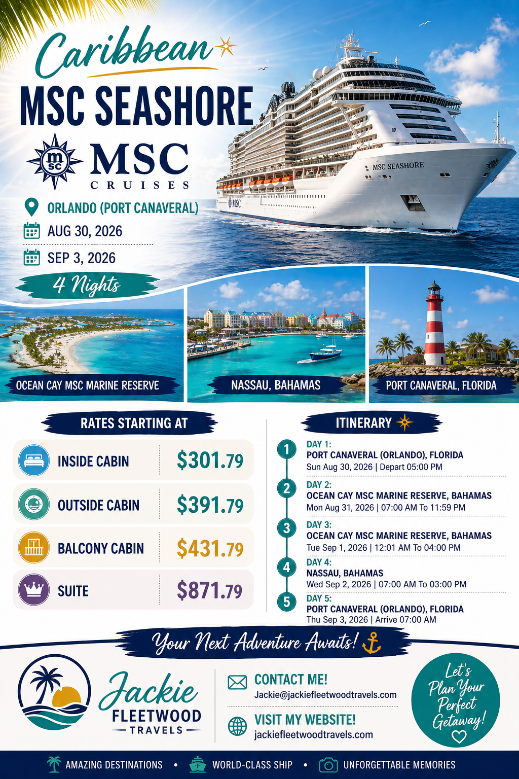 Travel advertisement for a Caribbean cruise on MSC Seashore departing from Orlando (Port Canaveral) on August 30, 2026, returning September 3, 2026, for 4 nights. The poster features an image of the cruise ship and pictures of Ocean Cay MSC Marine Reserve, Nassau in the Bahamas, and Port Canaveral, Florida. Pricing details for different cabin types and the full itinerary are listed, along with contact information and travel agency branding.