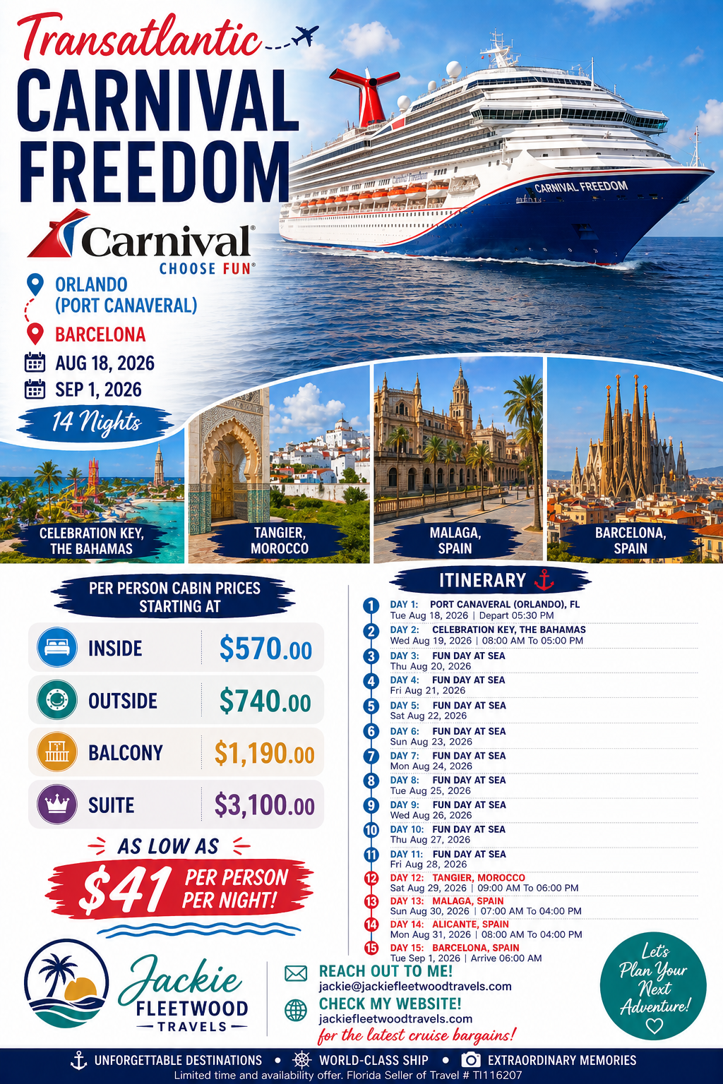 A promotional poster for a cruise sailing from Orlando to Barcelona with stops in Morocco, Spain, and The Bahamas, including departure dates, itinerary, and pricing.
