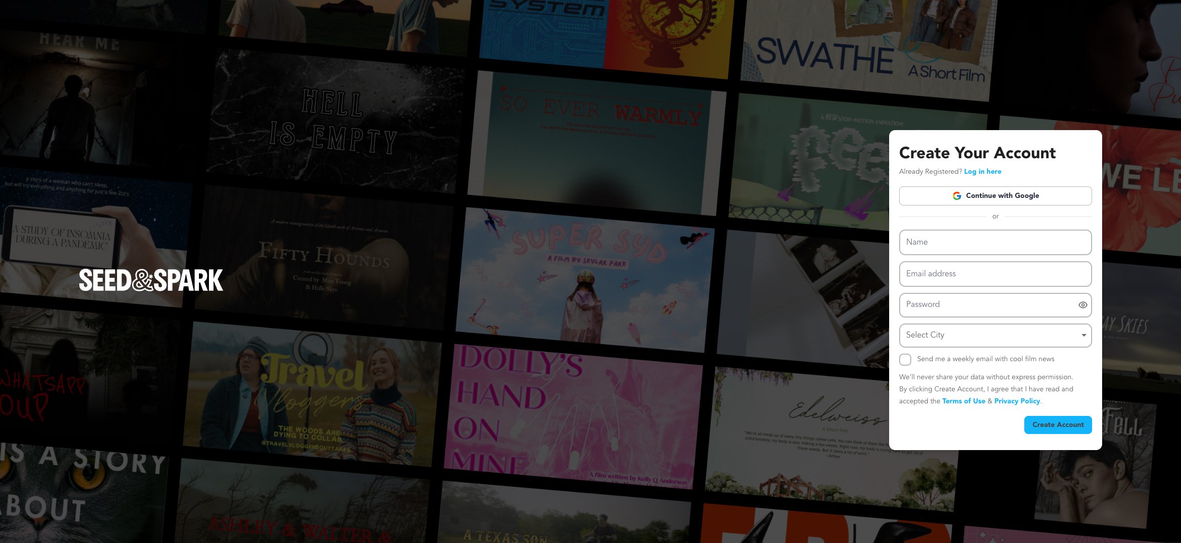Screenshot of a video streaming website's registration modal overlaying a collage of various movie and TV show posters. The modal has fields for creating an account via Google or email, including options for name, email, password, and city, with a 'Create Account' button.