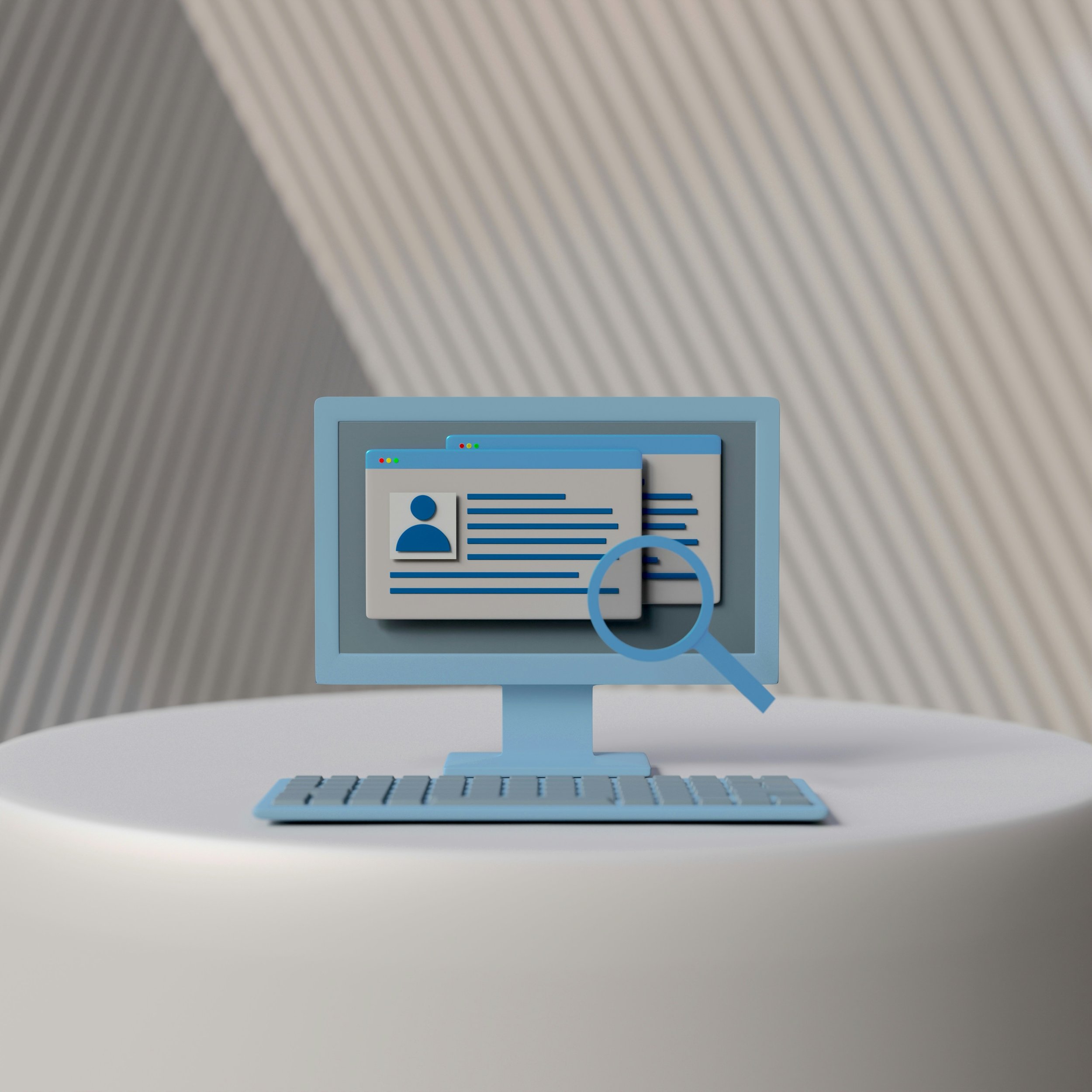 Computer monitor displaying a profile page with a magnifying glass icon over it, on a desk with a keyboard, against a textured wall background.