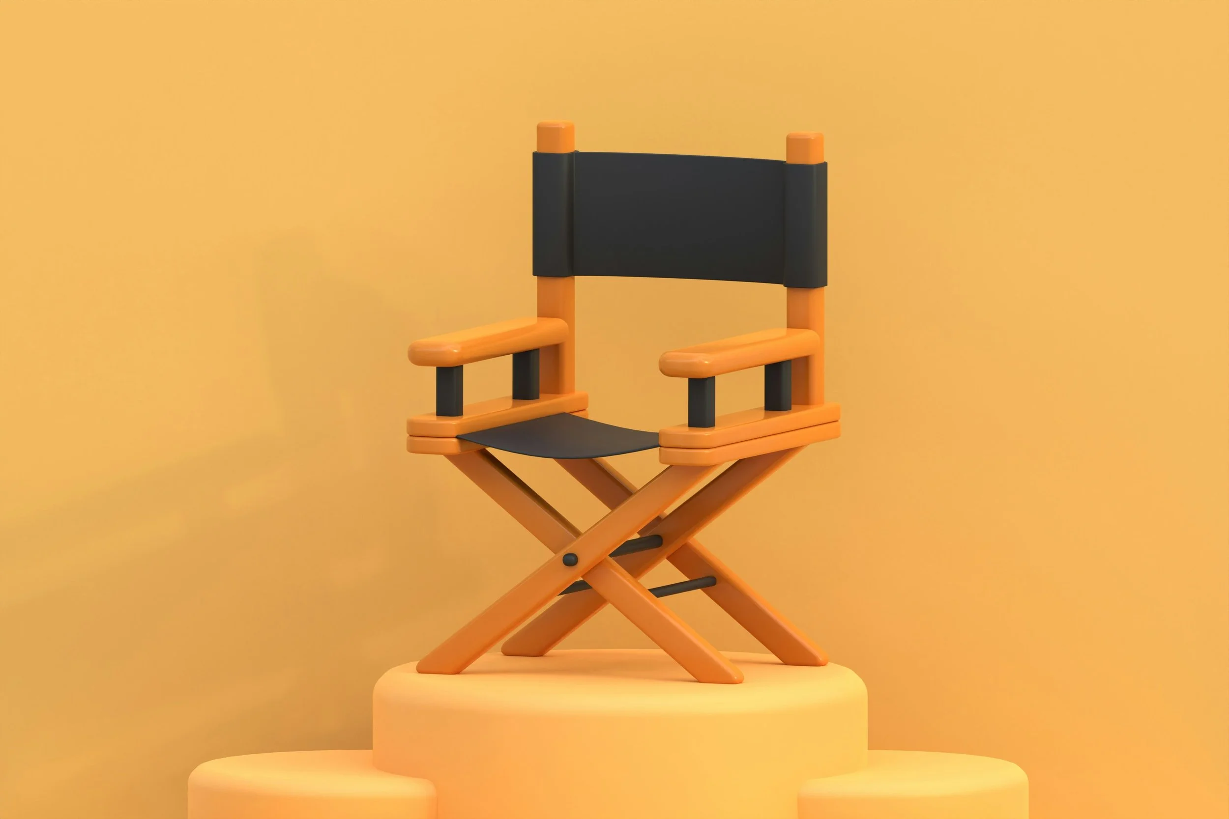 A black and orange director's chair on a yellow background.