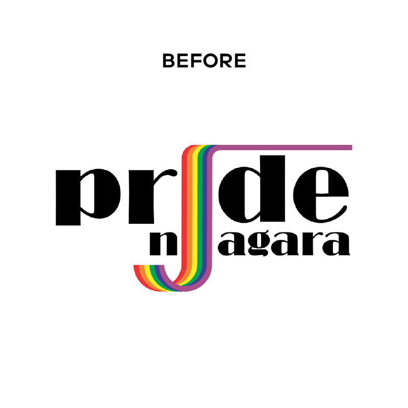 Before: Pride Niagara's logo, black text, with a rainbow waterfall in the middle. After: A redesigned logo by Steph Parker Designs. The letters are blue, green, yellow, orange, red, and black.