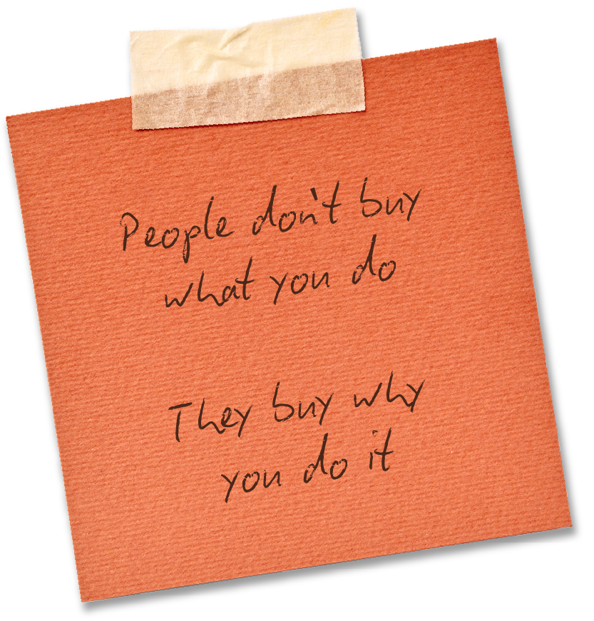 A red post-it note with a handwritten quote, "People don't buy what you do. They buy why you do it." by Simon Sinek