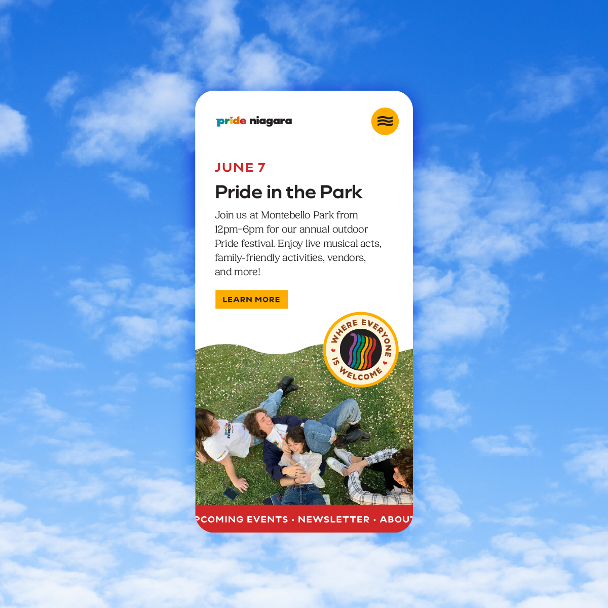 A mobile screen showing a concept Pride Niagara website design by Steph Parker Designs