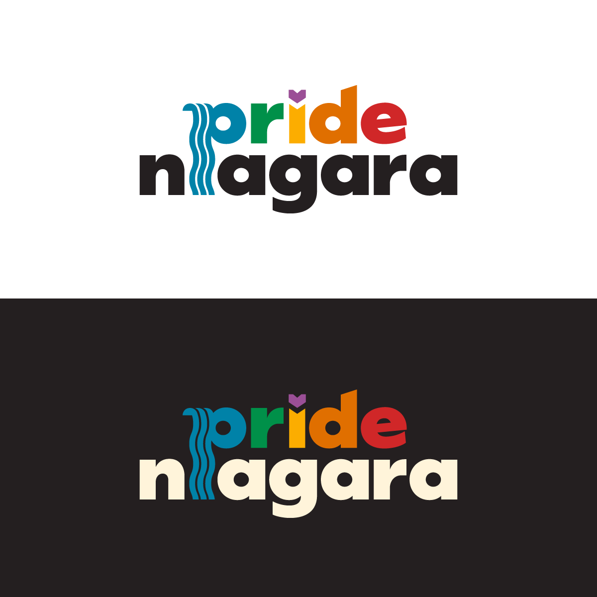 The Pride Niagara logo on a white background and black background, concepts designed by Steph Parker Designs