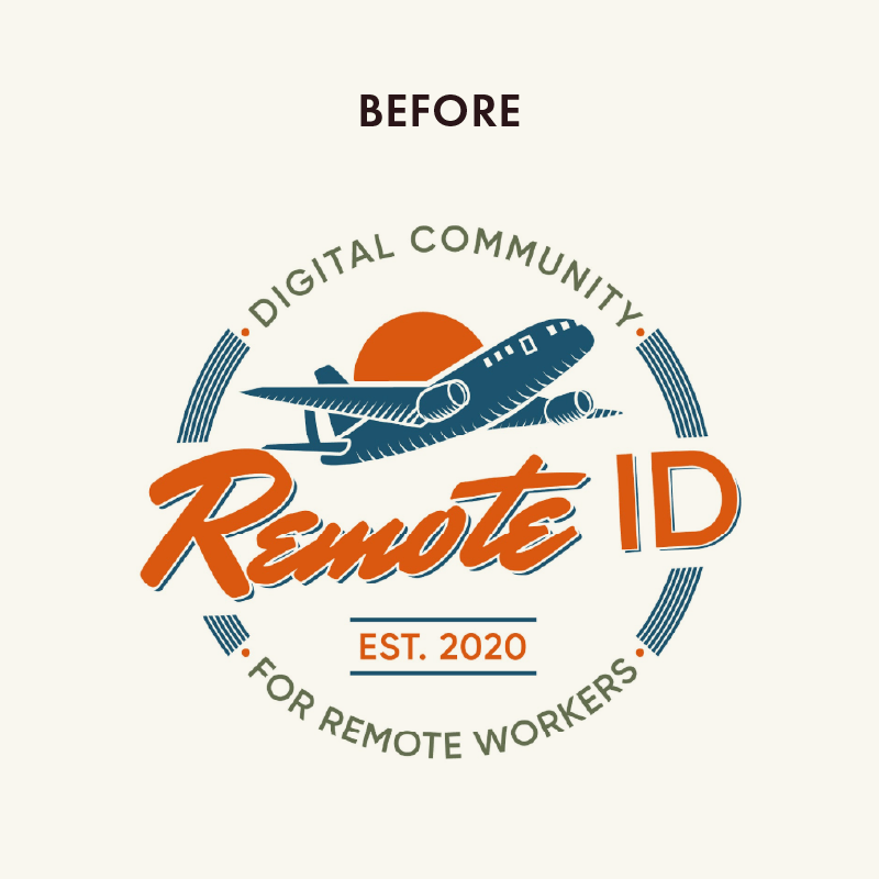 Remote ID logo design before: airplane with sun, script font, and circular sans-serif text. After: custom mouse cursor icon with sun, water, and land, and circular handmade text