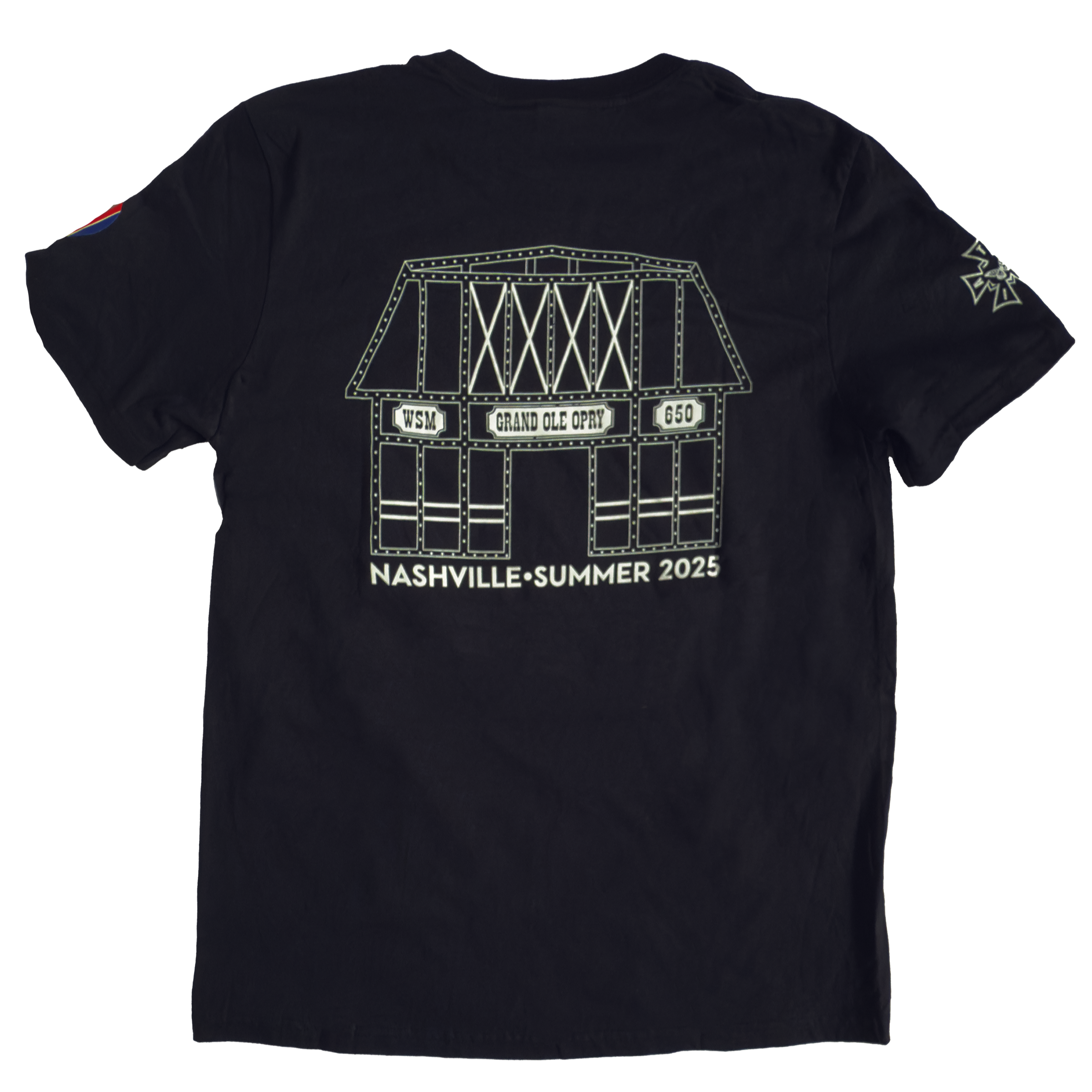 Black Dolly! The Original Musical T-shirt with white outline design of The Grand Ole Opry on the back, labeled with text includingNashville Summer 2025.'