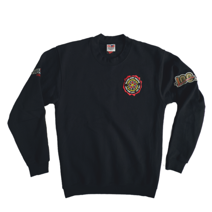 Black sweatshirt with Hadestown Broadway patches on the chest and sleeve.
