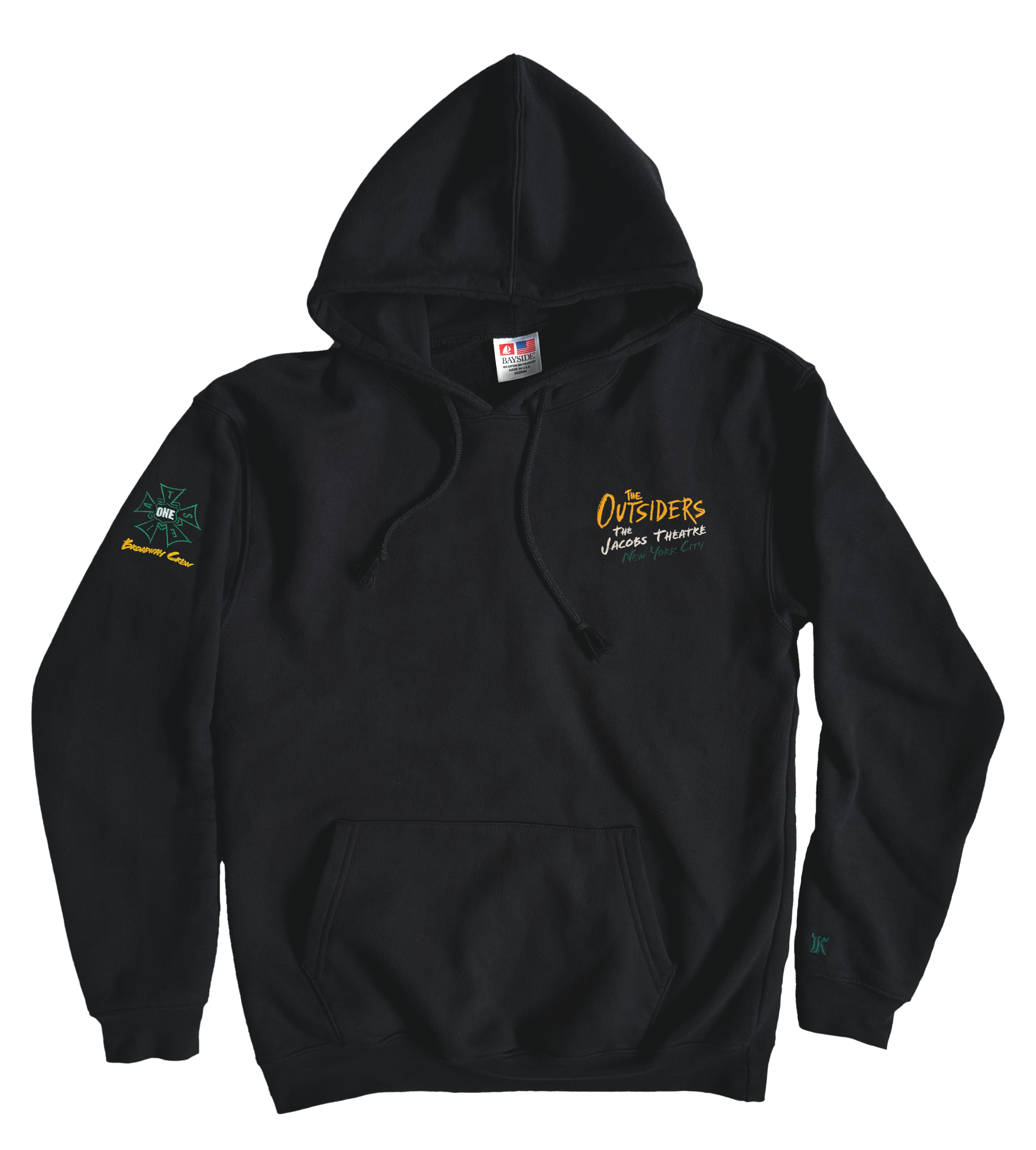 Black hoodie with colorful embroidered text and logos, featuring a front pocket, drawstrings, and a hood.