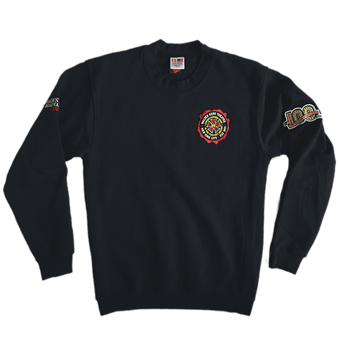 Black firefighter sweatshirt with firefighter badges and patches on the front and sleeve.