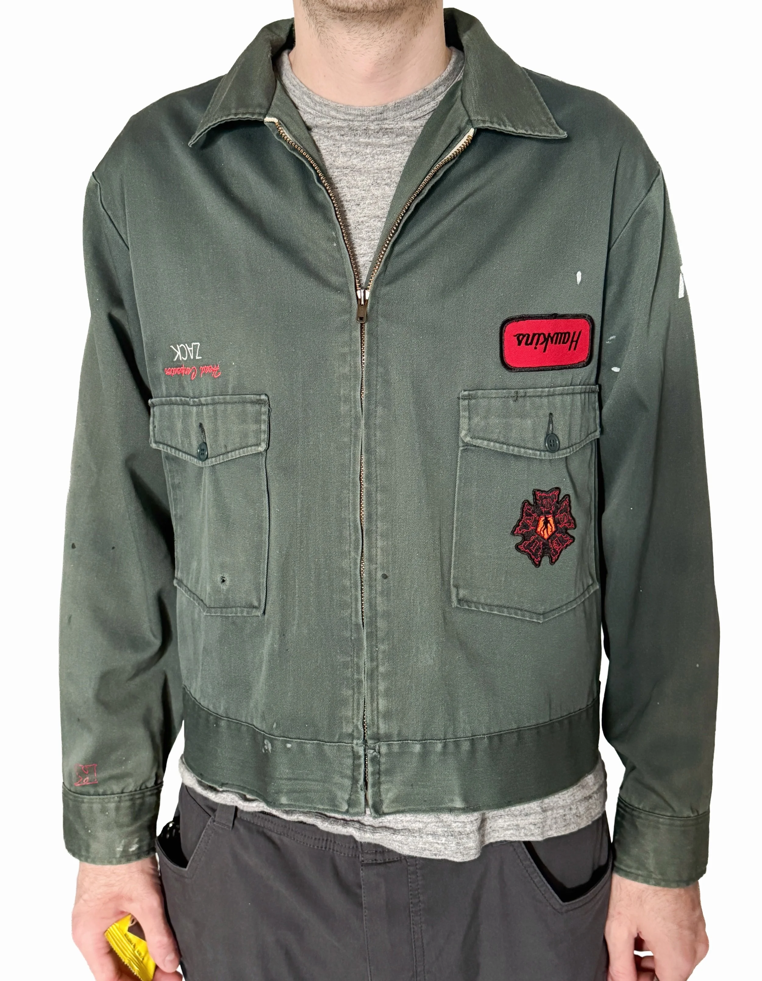 Zack&rsquo;s Custom Stranger Things 50&rsquo;s Work Jacket! Customized with a Mix of Vintage and Custom Patches, Embroidery, and, Screen-printing! Thanks for Being Such a Good Customer and Collaborator! @zackfeivou @stonbroadway @kerconyc