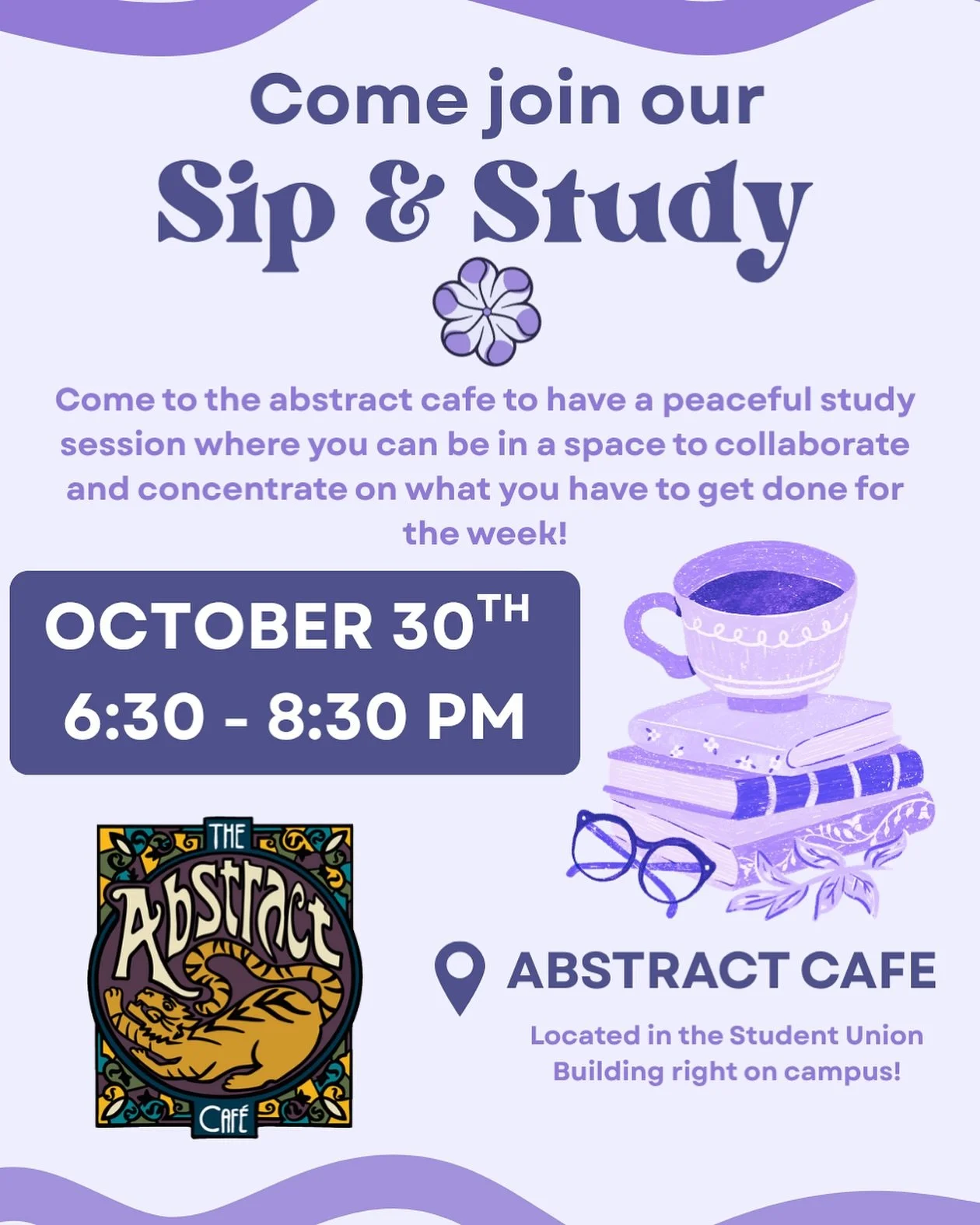 As exam season approaches we all need a little extra motivation! Come join in the SUB at the Abstract cafe, the perfect space for a cozy productive evening. 
🍵📚☕️

To reserve a spot click the link in our bio to sign up on through bounce! (it&rsquo;