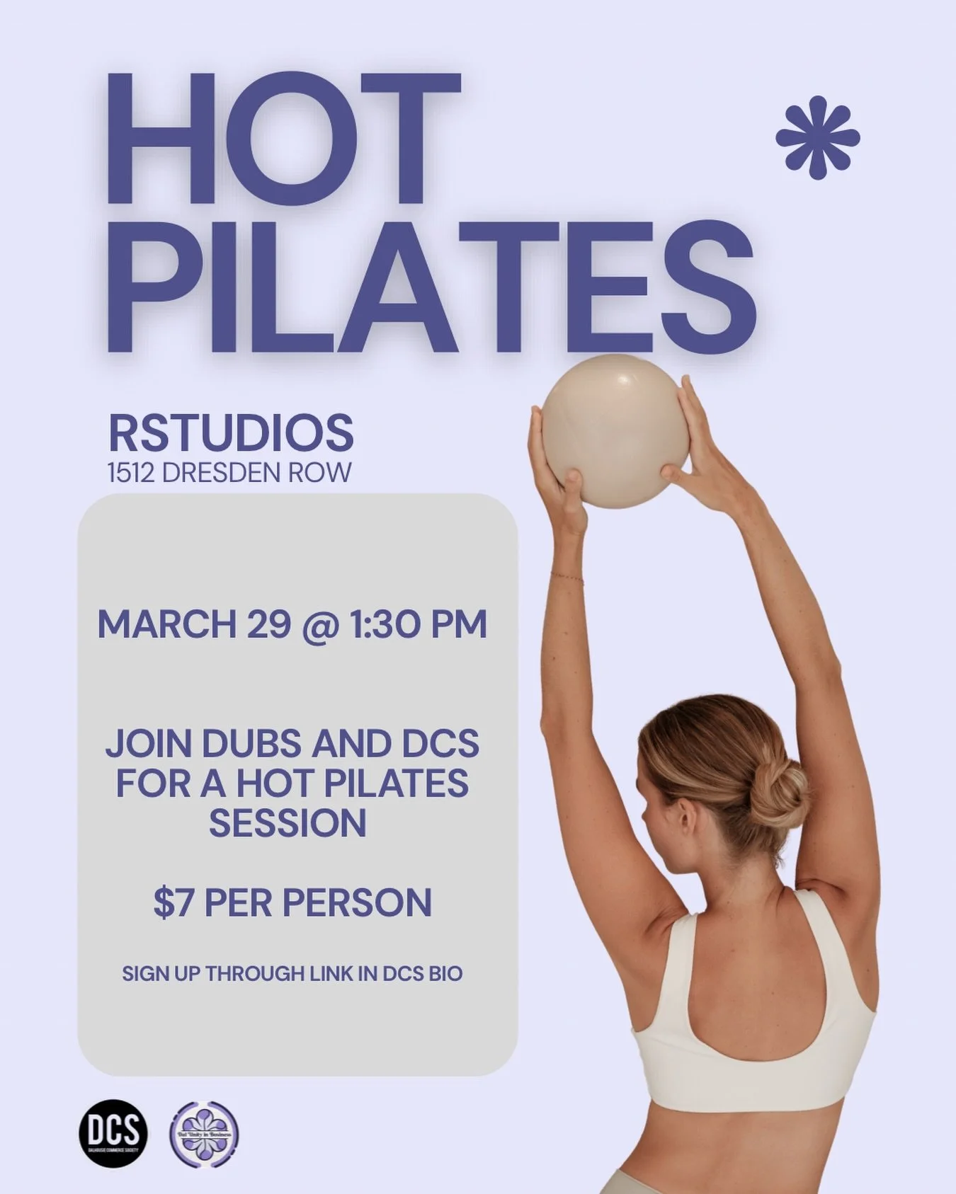 Join us for a Hot Pilates collab with DUB x DCS this Sunday! The perfect mix of sweat, vibes, and a little Sunday glow-up 

📍 R Studios
🗓️ Sunday, March 29
⏰ 1:30&ndash;2:15 PM
Sign up through link in bio 💜