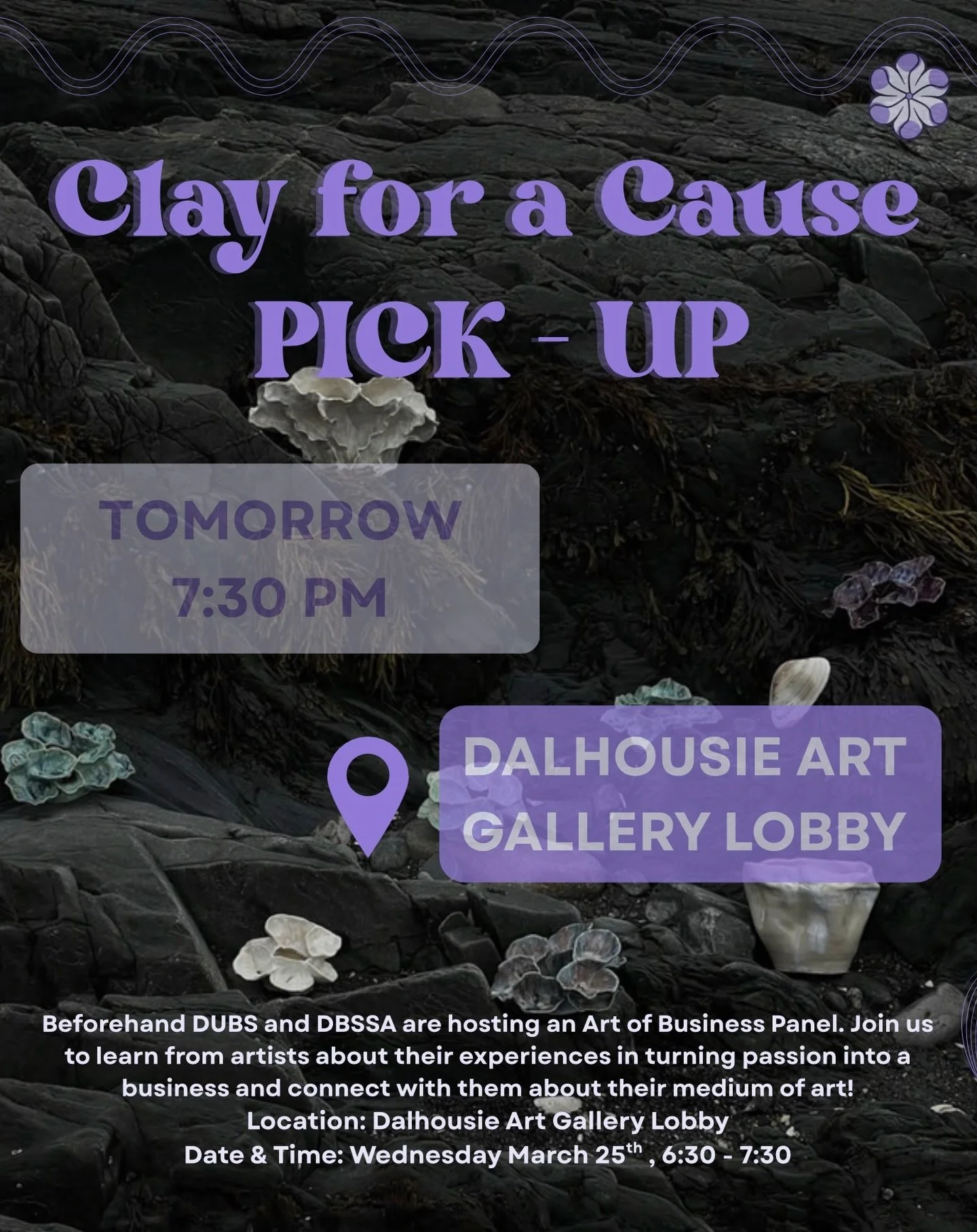 The long-awaited time is here! The pottery that was done for the Clay for a Cause event will be available for pickup tomorrow!

🗓️ Wednesday March 25th 
🕕 7:30 PM
📍Dalhousie Art Gallery Lobby