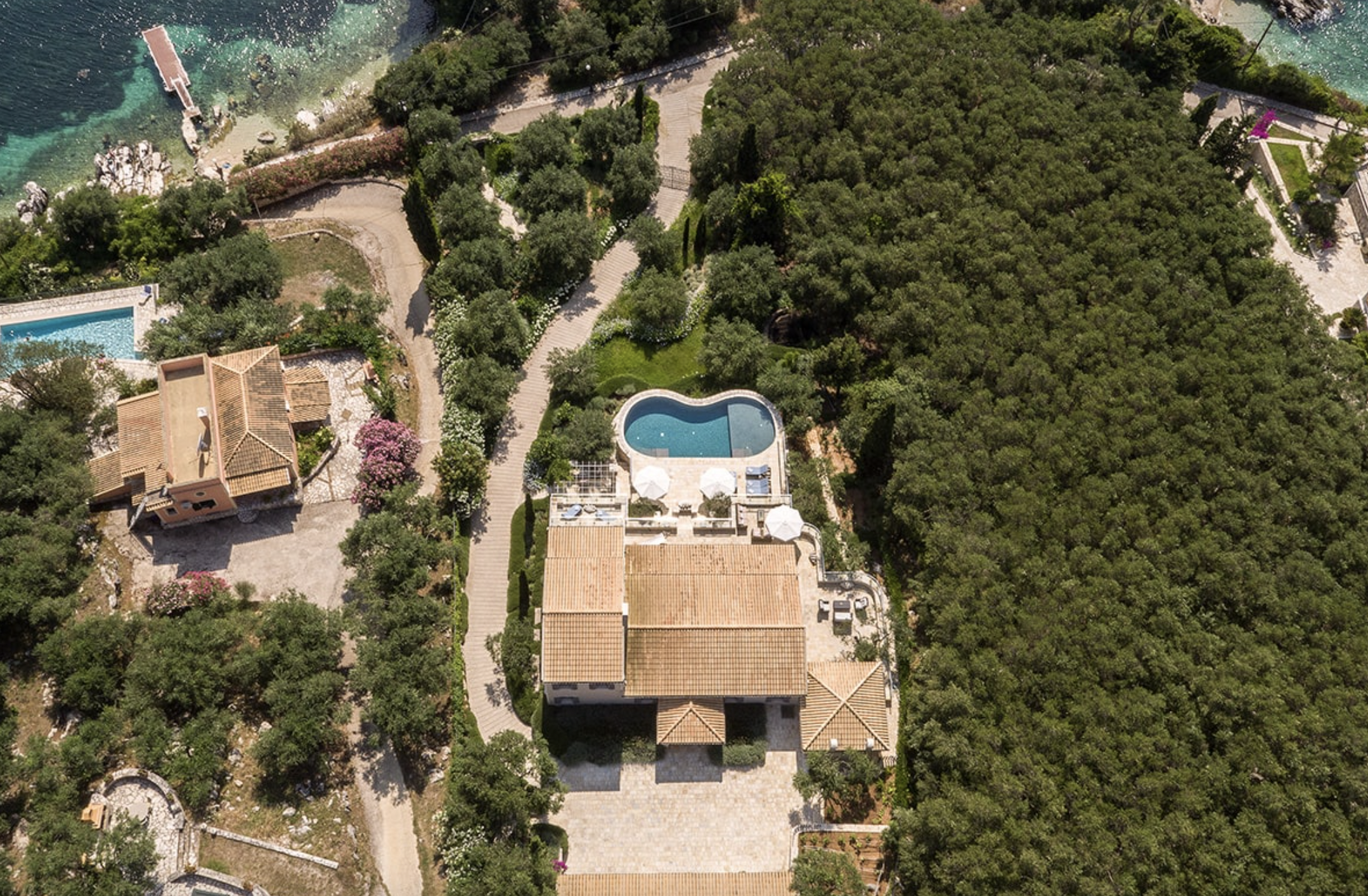 Aerial view of a residential property with a pool, surrounded by lush greenery and trees, with a waterfront in the upper left corner.